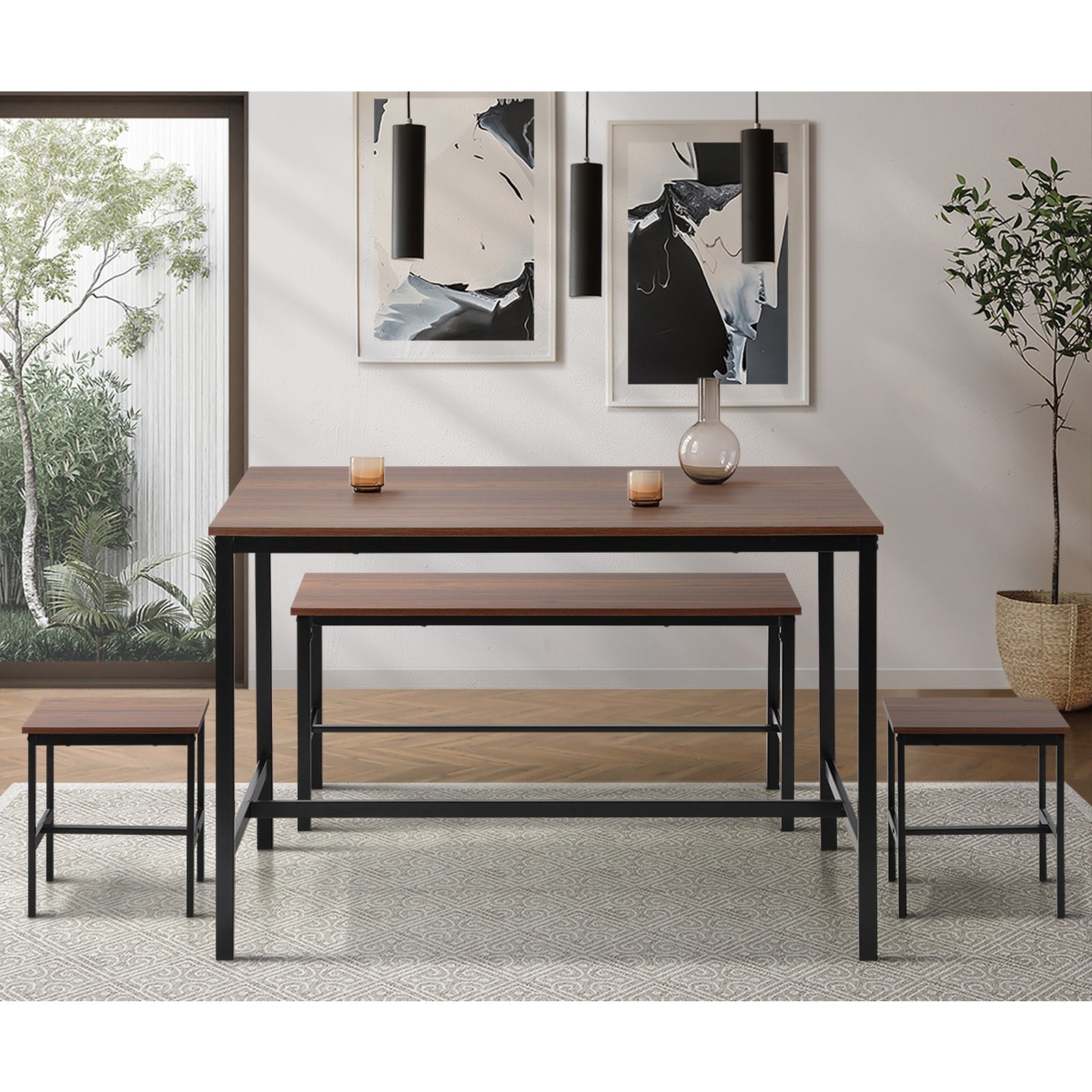 Oikiture Industrial Dining Table 4 Seaters with Kitchen Bench Chairs Natural - Sunyee