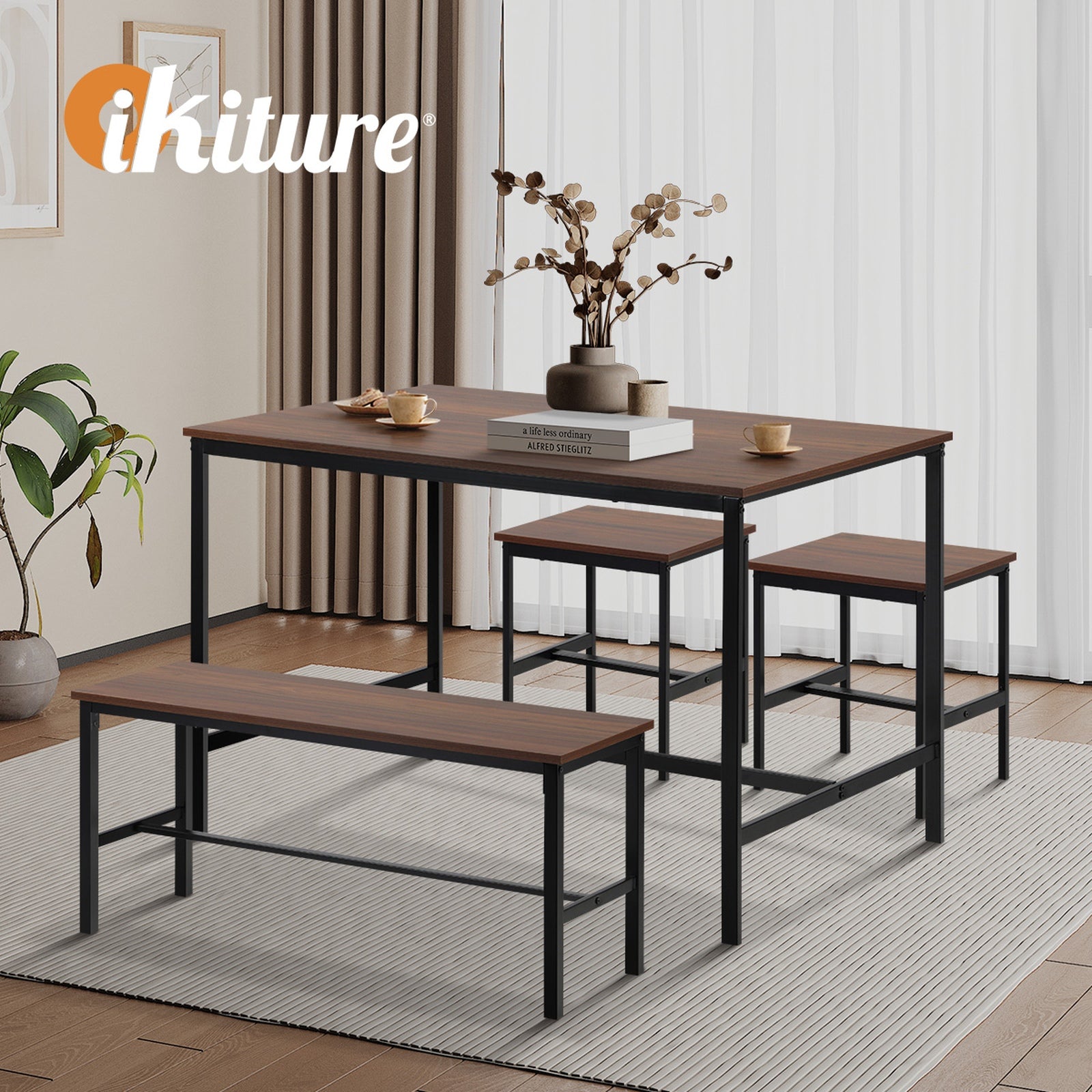 Oikiture Industrial Dining Table 4 Seaters with Kitchen Bench Chairs Natural - Sunyee