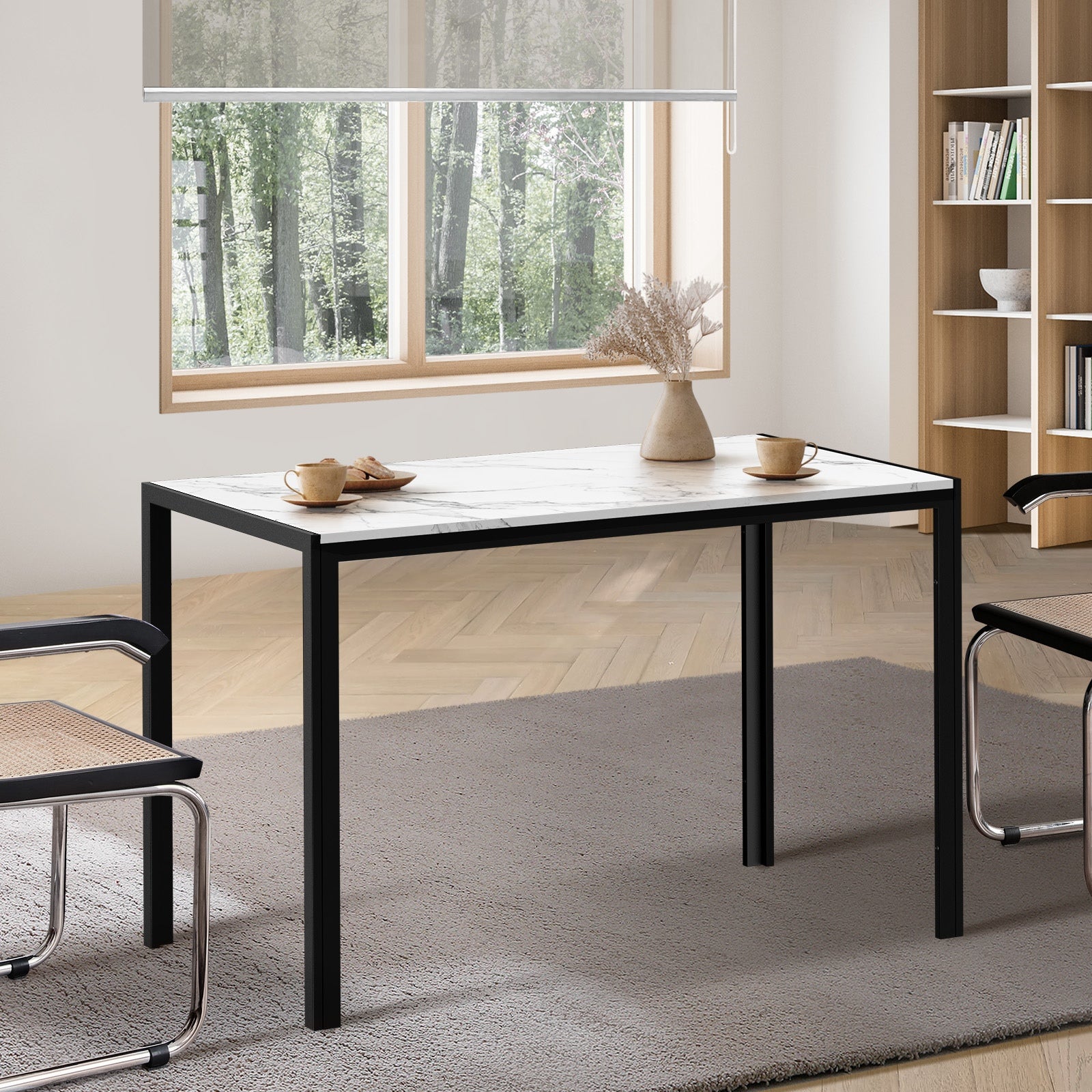 Oikiture 120cm Dining Table Rectangular Kitchen Table with Metal Leg White&Black - Sunyee