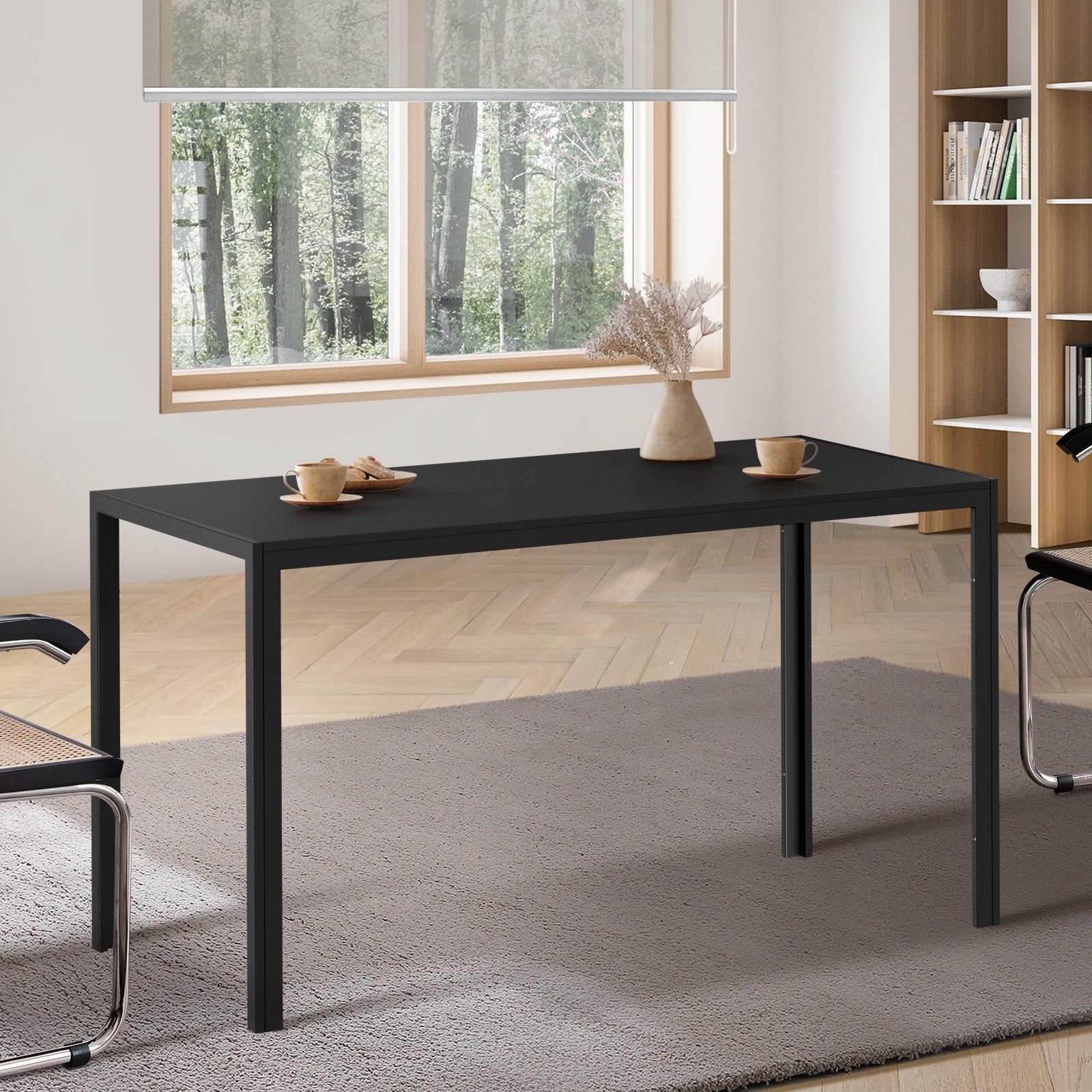 Oikiture 140cm Dining Table Rectangular Kitchen Table with Metal Leg Black - Sunyee