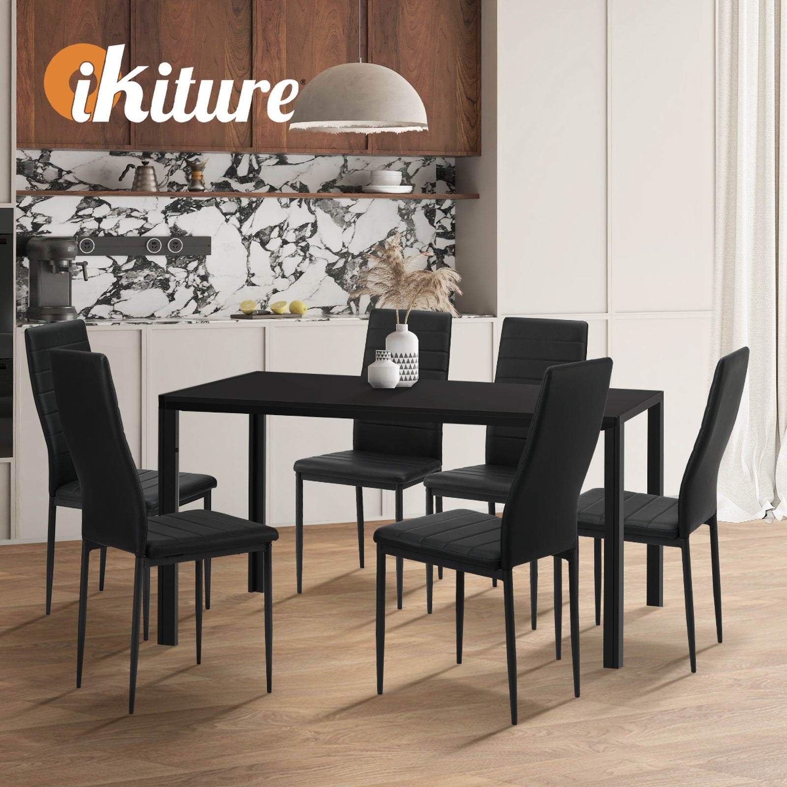 Oikiture 140cm Dining Table Rectangular Kitchen Table with Metal Leg Black - Sunyee