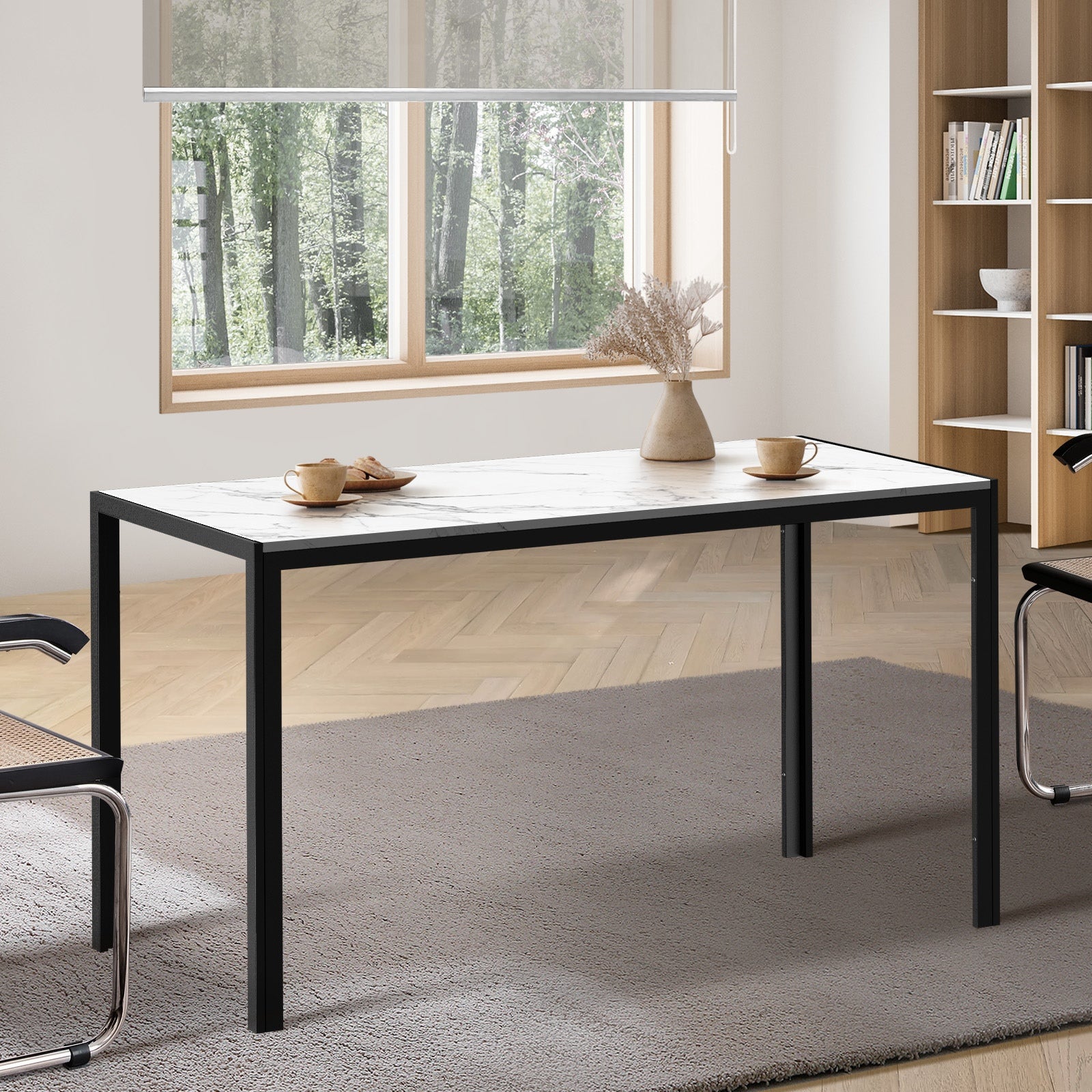 Oikiture 140cm Dining Table Rectangular Kitchen Table with Metal Leg White&Black - Sunyee