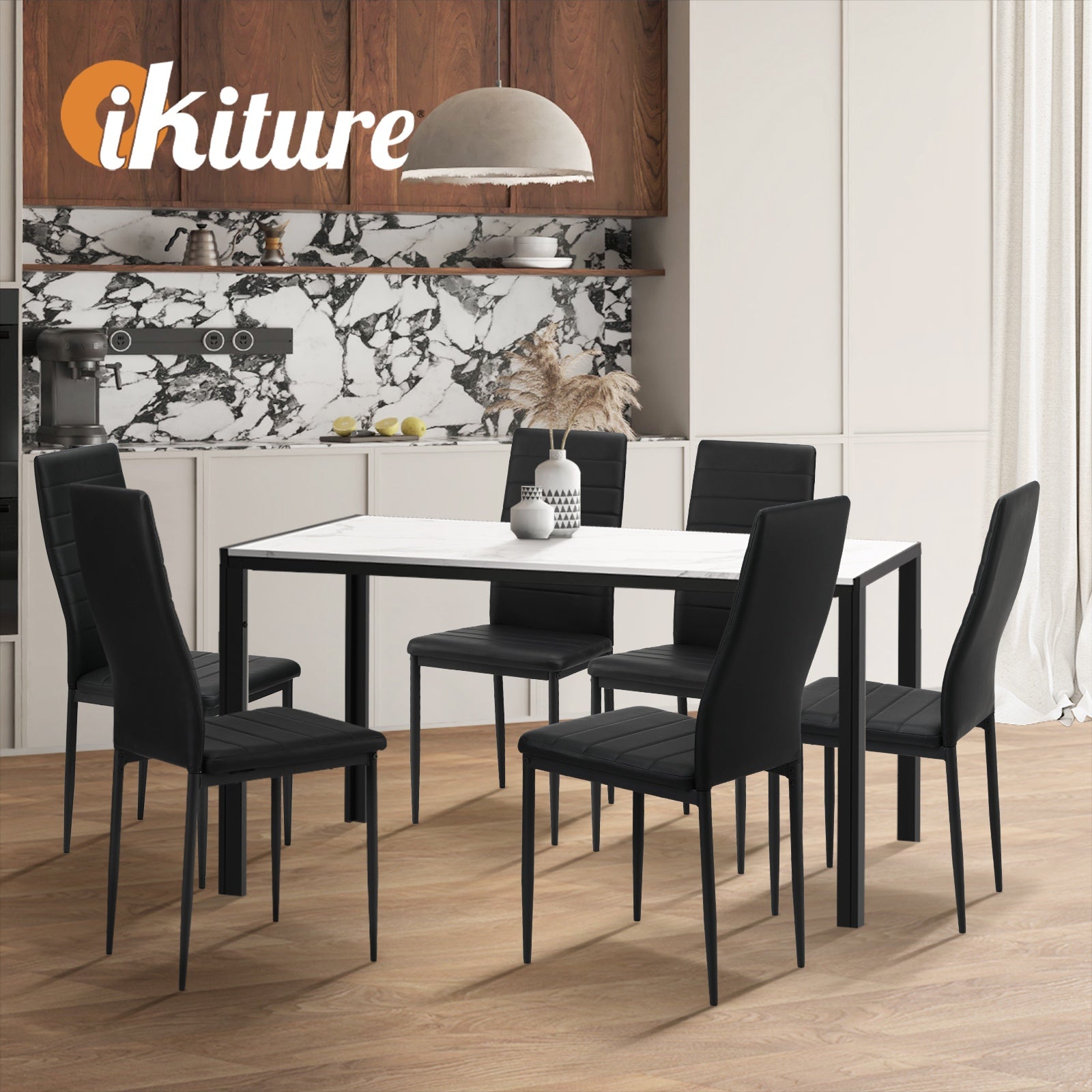 Oikiture 140cm Dining Table Rectangular Kitchen Table with Metal Leg White&Black - Sunyee