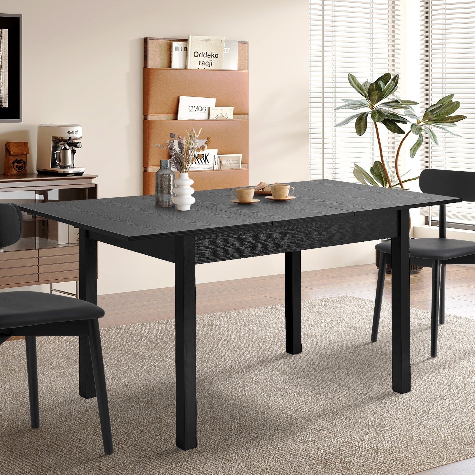 Oikiture 160cm Extendable Dining Table Wooden Rectangular Kitchen Table Black - Sunyee