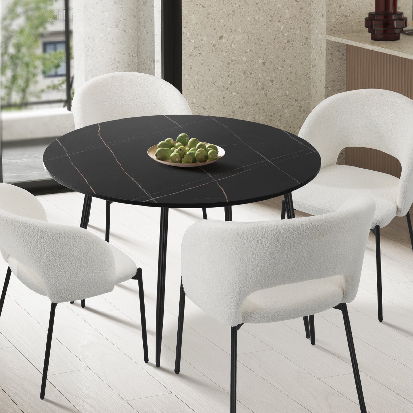 Oikiture 110cm Dining Table Round Wooden Table With Marble Effect Metal Legs BK - Sunyee