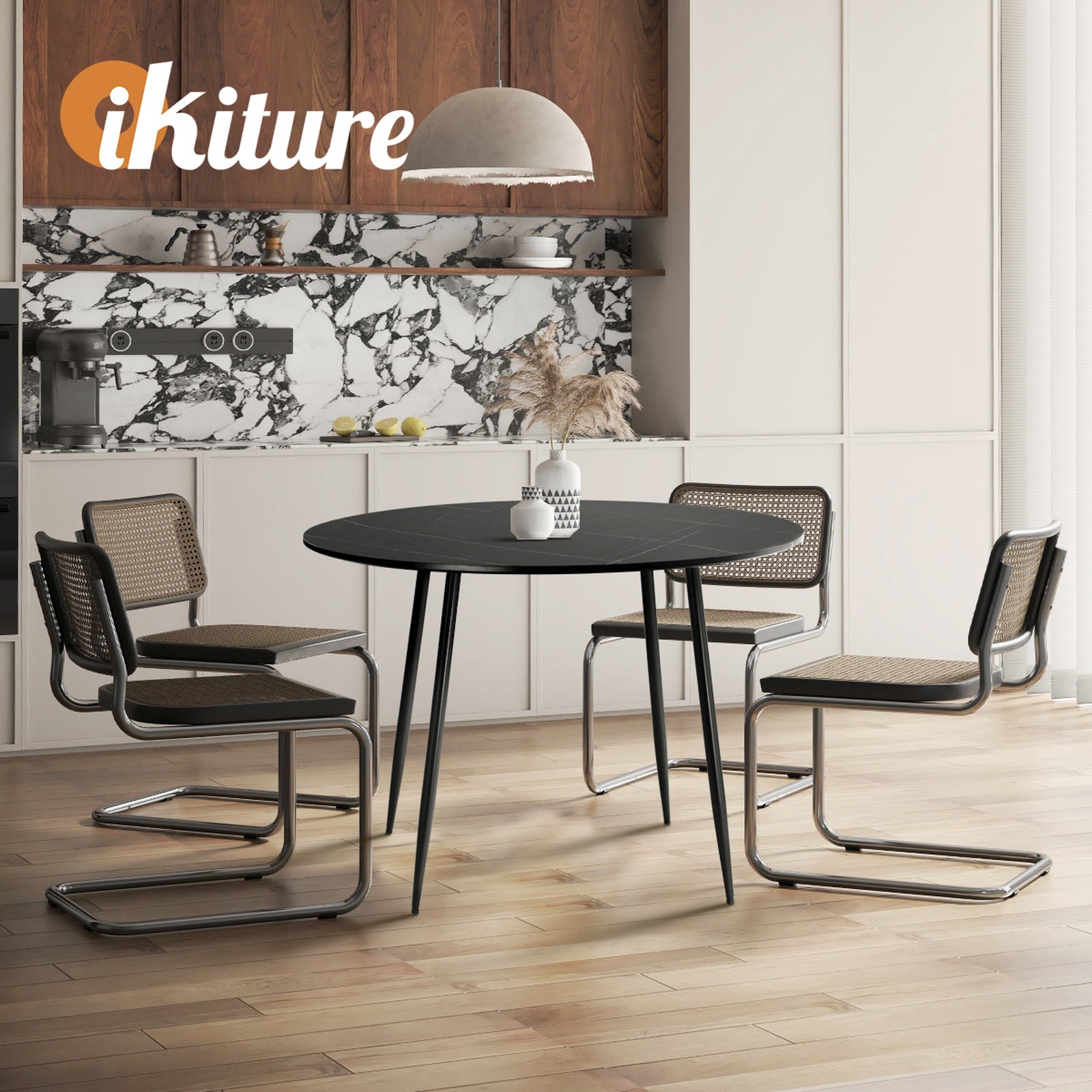 Oikiture 110cm Dining Table Round Wooden Table With Marble Effect Metal Legs BK - Sunyee