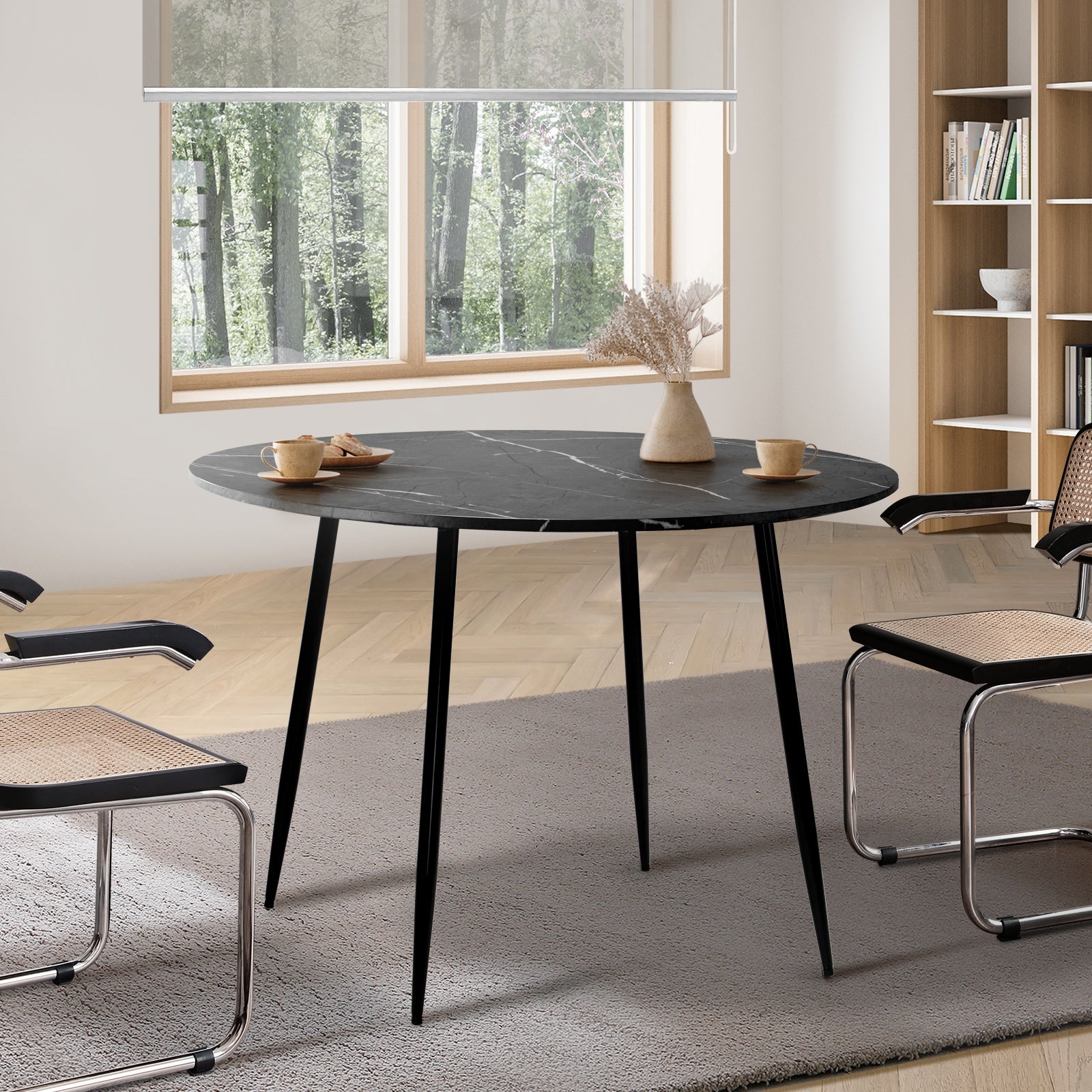 Oikiture 110cm Dining Table Round Wooden Table With Marble Effect Metal Legs GY - Sunyee