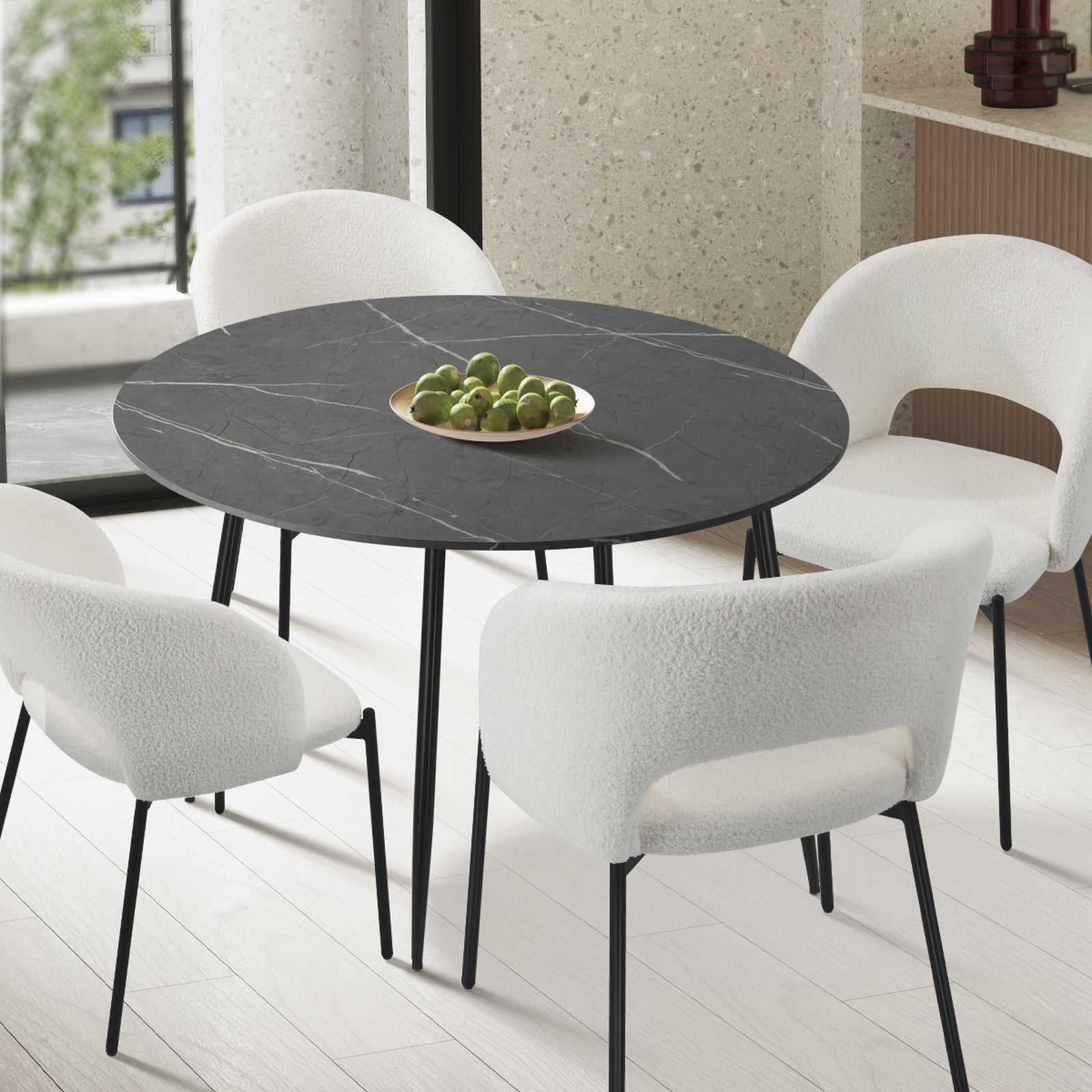 Oikiture 110cm Dining Table Round Wooden Table With Marble Effect Metal Legs GY - Sunyee