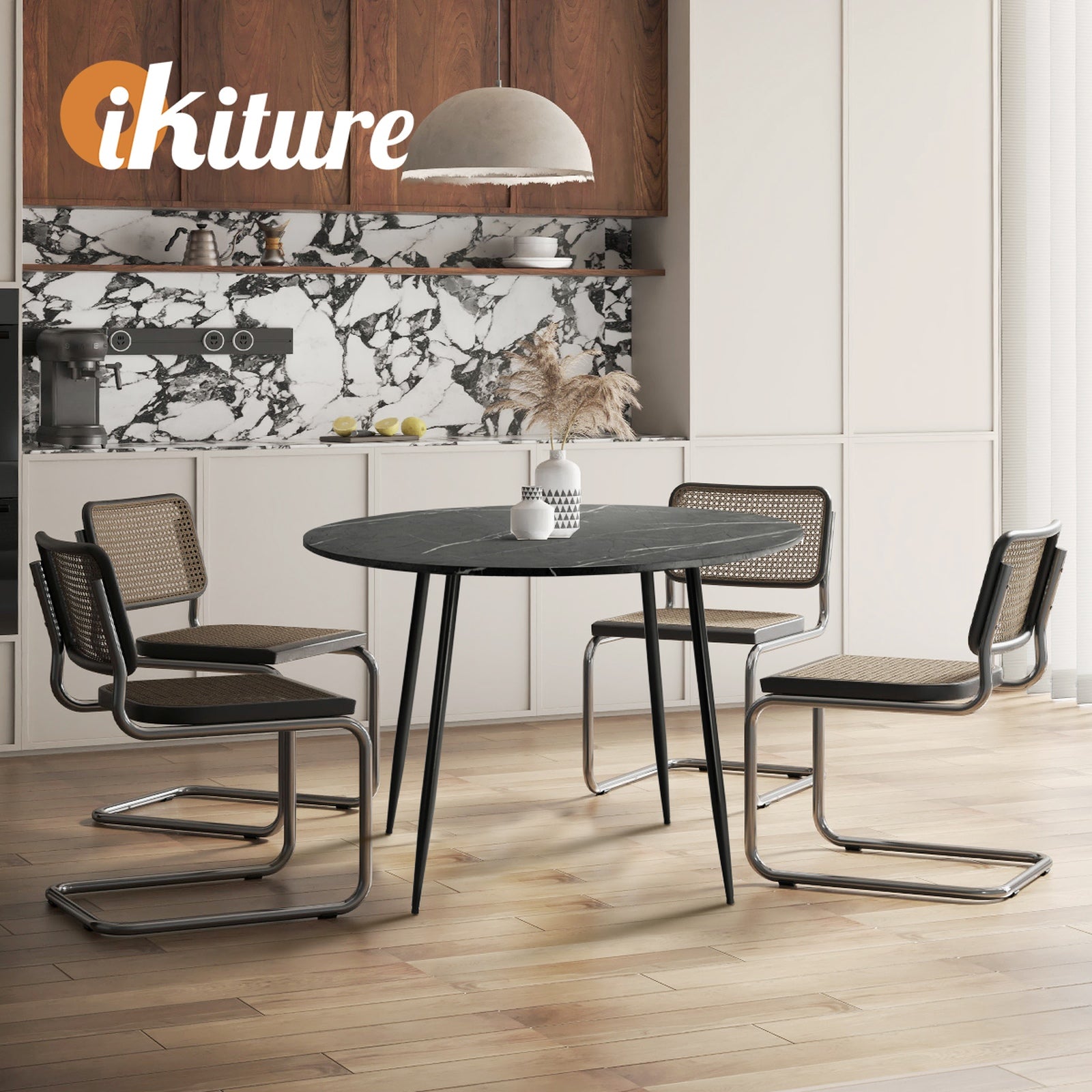 Oikiture 110cm Dining Table Round Wooden Table With Marble Effect Metal Legs GY - Sunyee