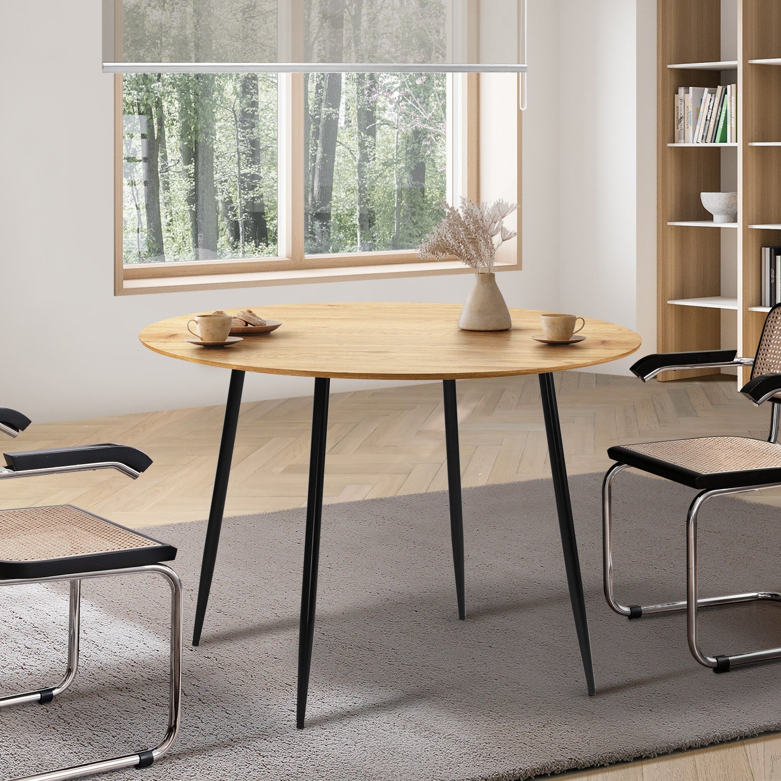 Oikiture 110cm Dining Table Round Wooden Table With Metal Legs Wooden Black - Sunyee
