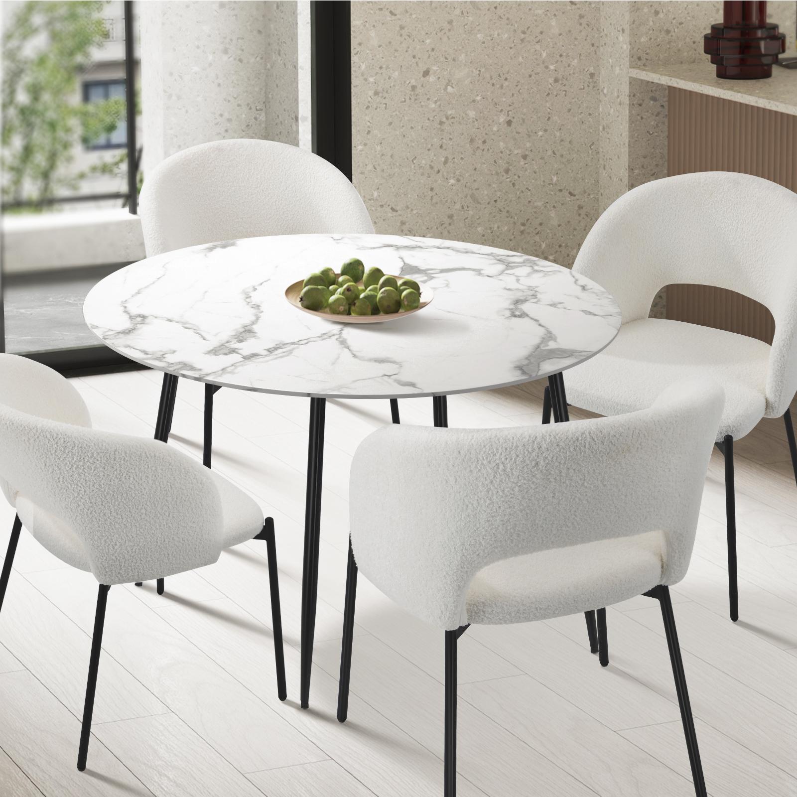 Oikiture 110cm Dining Table Round Wooden Table With Marble Effect Metal Legs WH - Sunyee