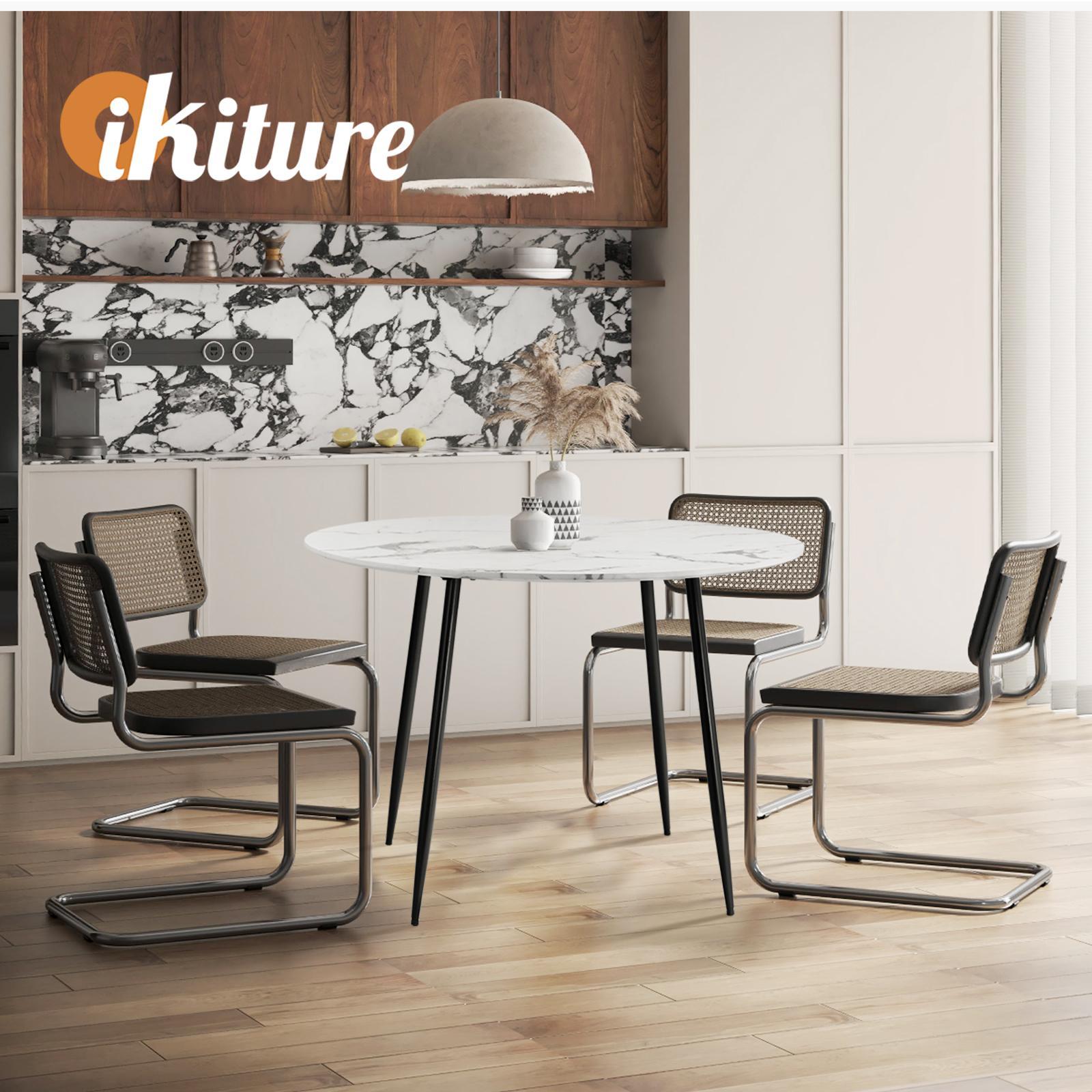Oikiture 110cm Dining Table Round Wooden Table With Marble Effect Metal Legs WH - Sunyee