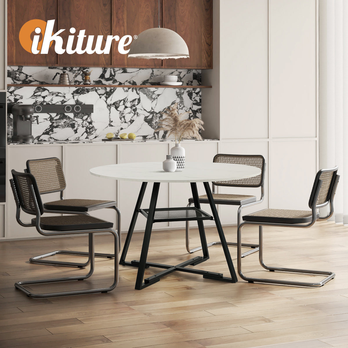 Oikiture 120cm Round Dining Table Marble-like Wooden Kitchen Furniture - Sunyee