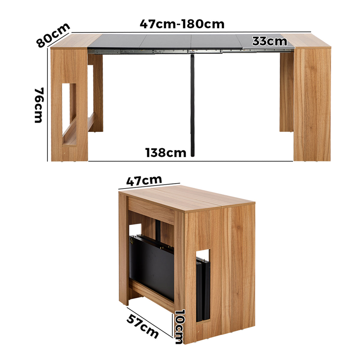 Oikiture 180cm Extendable Dining Table Wooden Kitchen Furniture Natural&Black - Sunyee