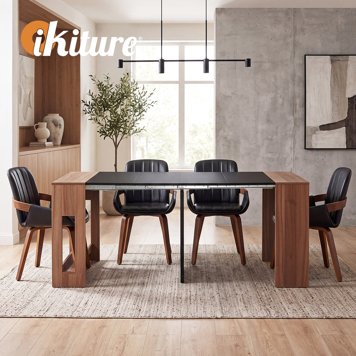 Oikiture 180cm Extendable Dining Table Wooden Kitchen Furniture Walunt&Black - Sunyee