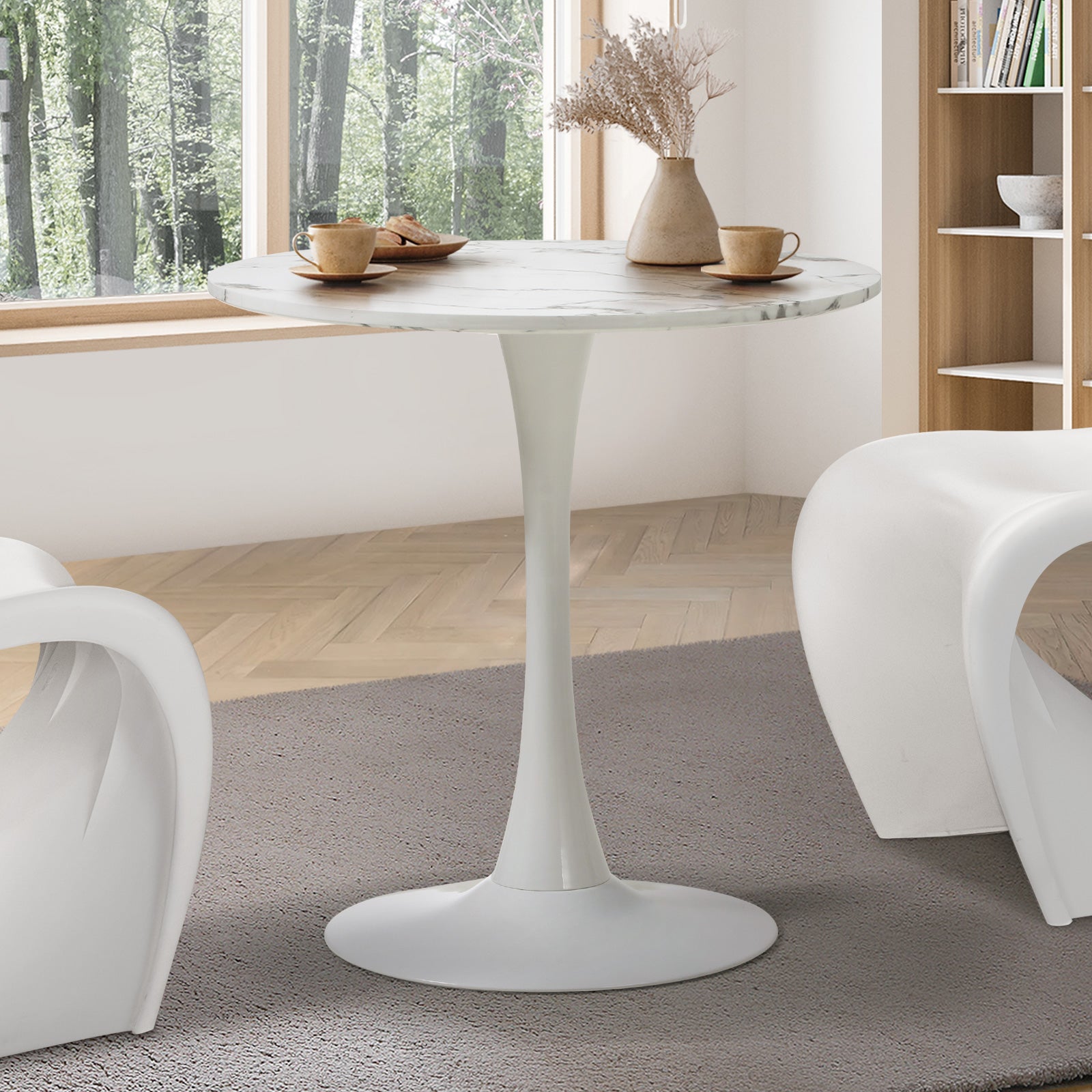 Oikiture 60cm Dining Table Kitchen Marble Tulip Round Metal Leg White - Sunyee