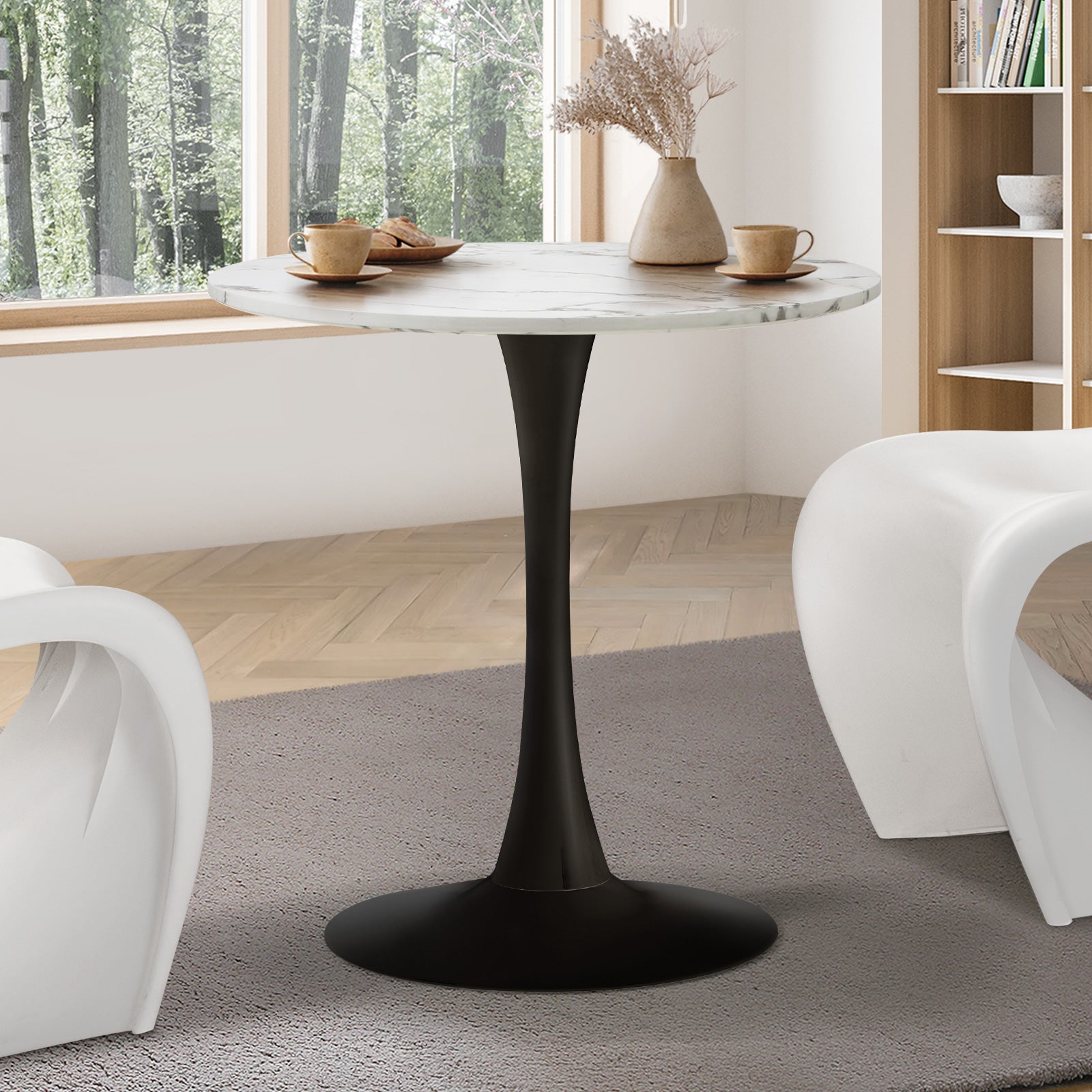 Oikiture 90-120cm Dining Table Kitchen Marble Tulip Metal Legs White/Black - Sunyee
