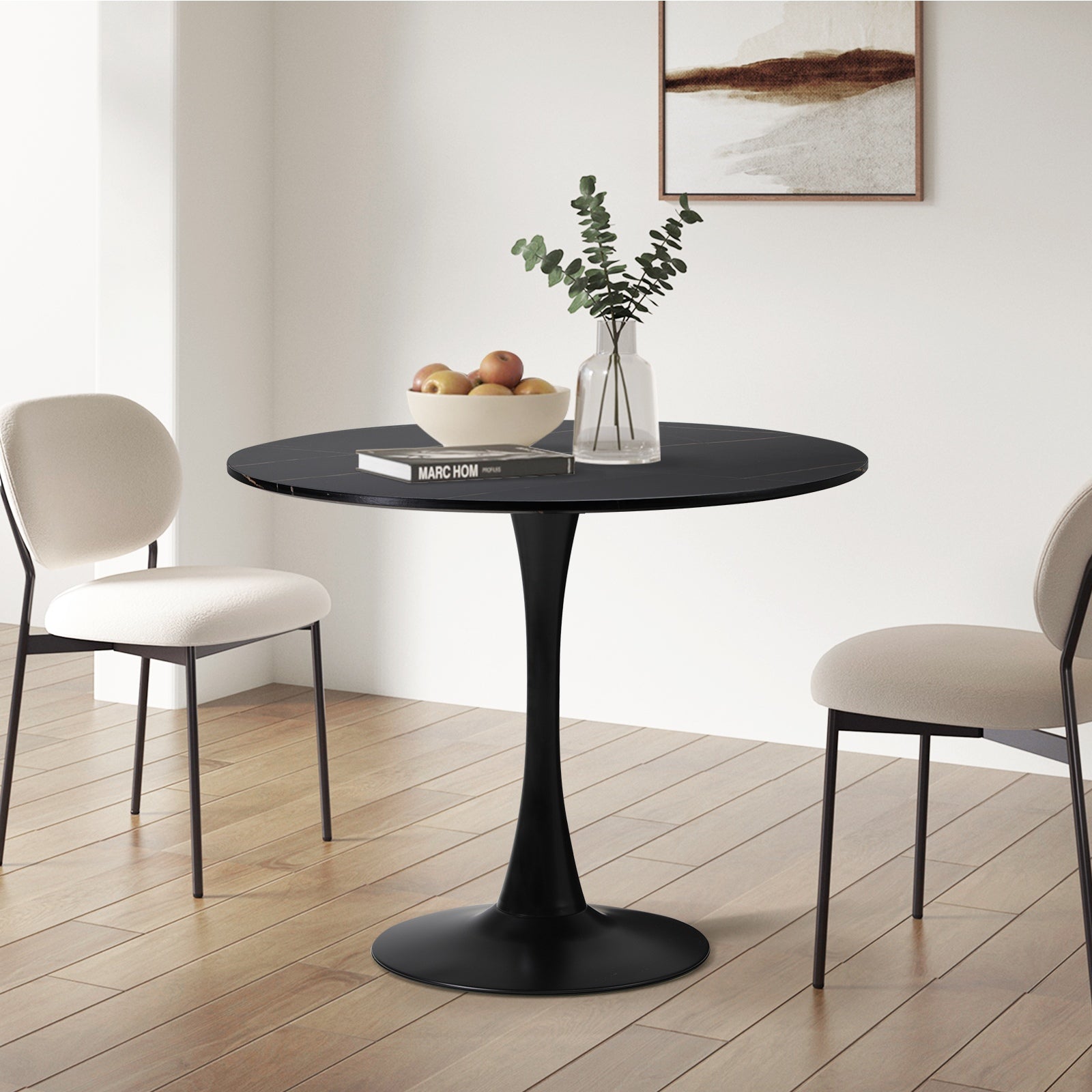 Oikiture 90cm Dining Table Kitchen Swivel Marble Tulip Round Metal Leg Black - Sunyee