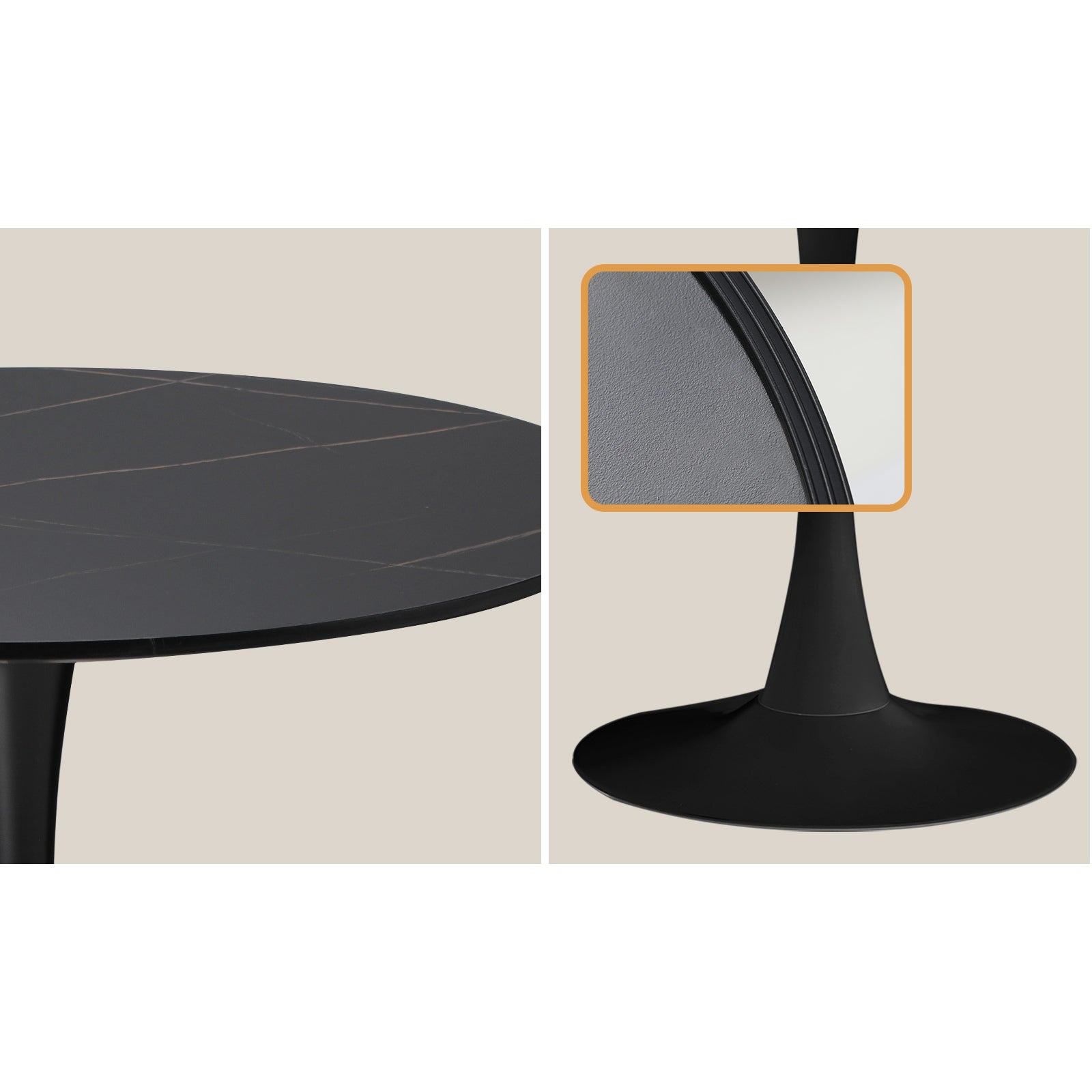 Oikiture 90cm Dining Table Kitchen Swivel Marble Tulip Round Metal Leg Black - Sunyee