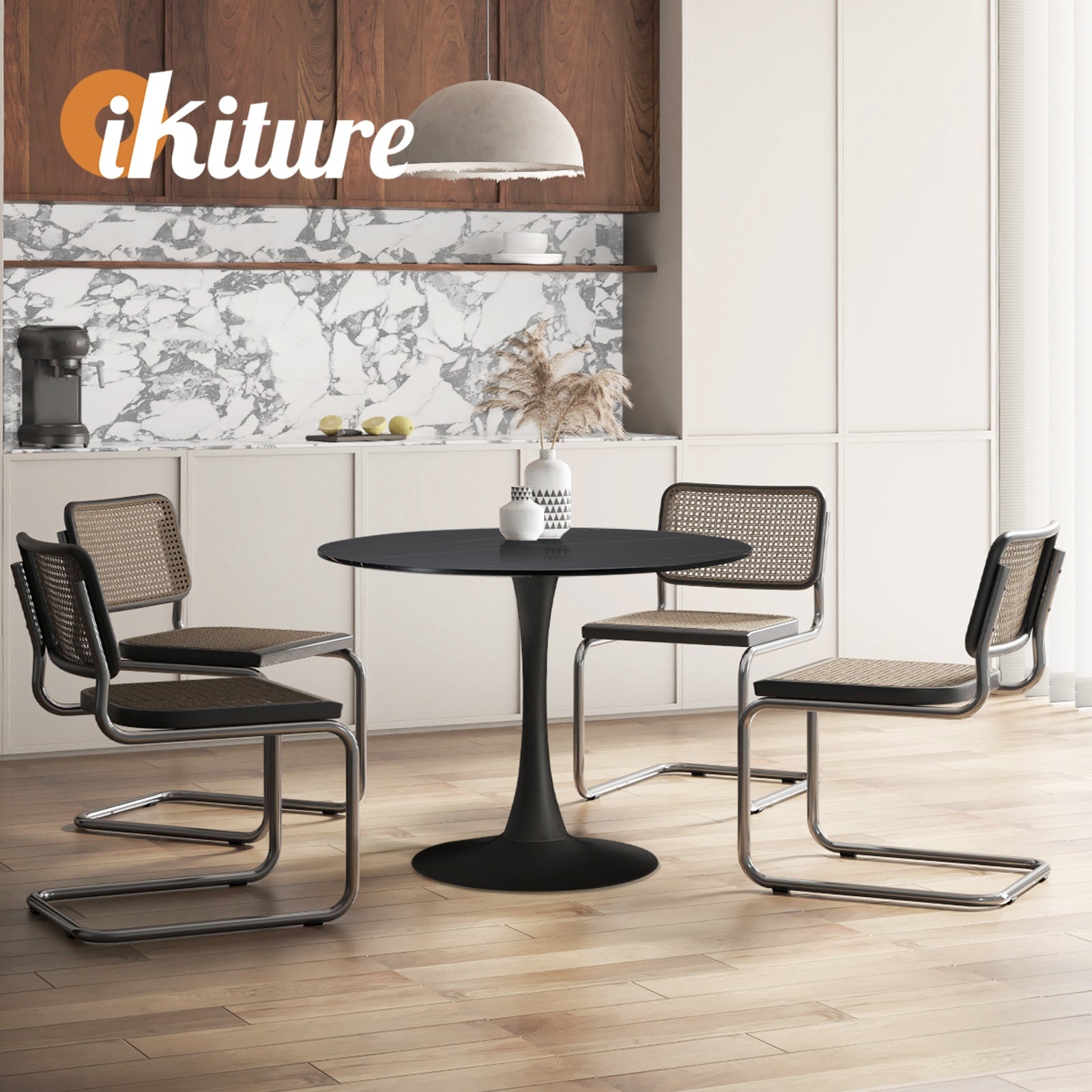 Oikiture 90cm Dining Table Kitchen Swivel Marble Tulip Round Metal Leg Black - Sunyee