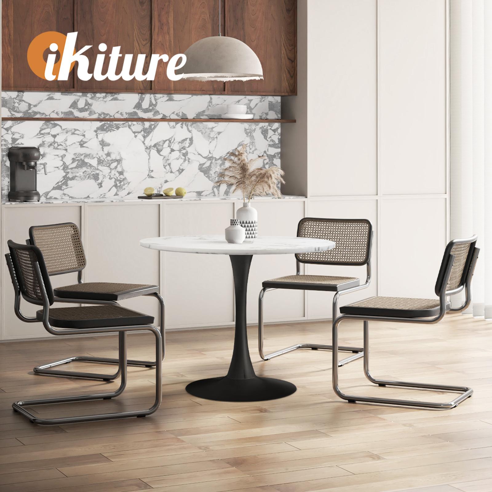 Oikiture 90cm Dining Table Kitchen Marble Tulip Round Metal Leg White&Black - Sunyee