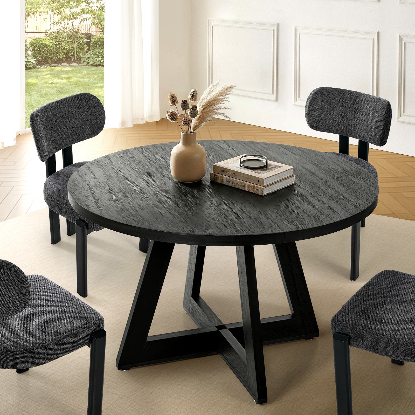 Oikiture 120cm Round Dining Table Wooden Kitchen Furniture Black - Sunyee