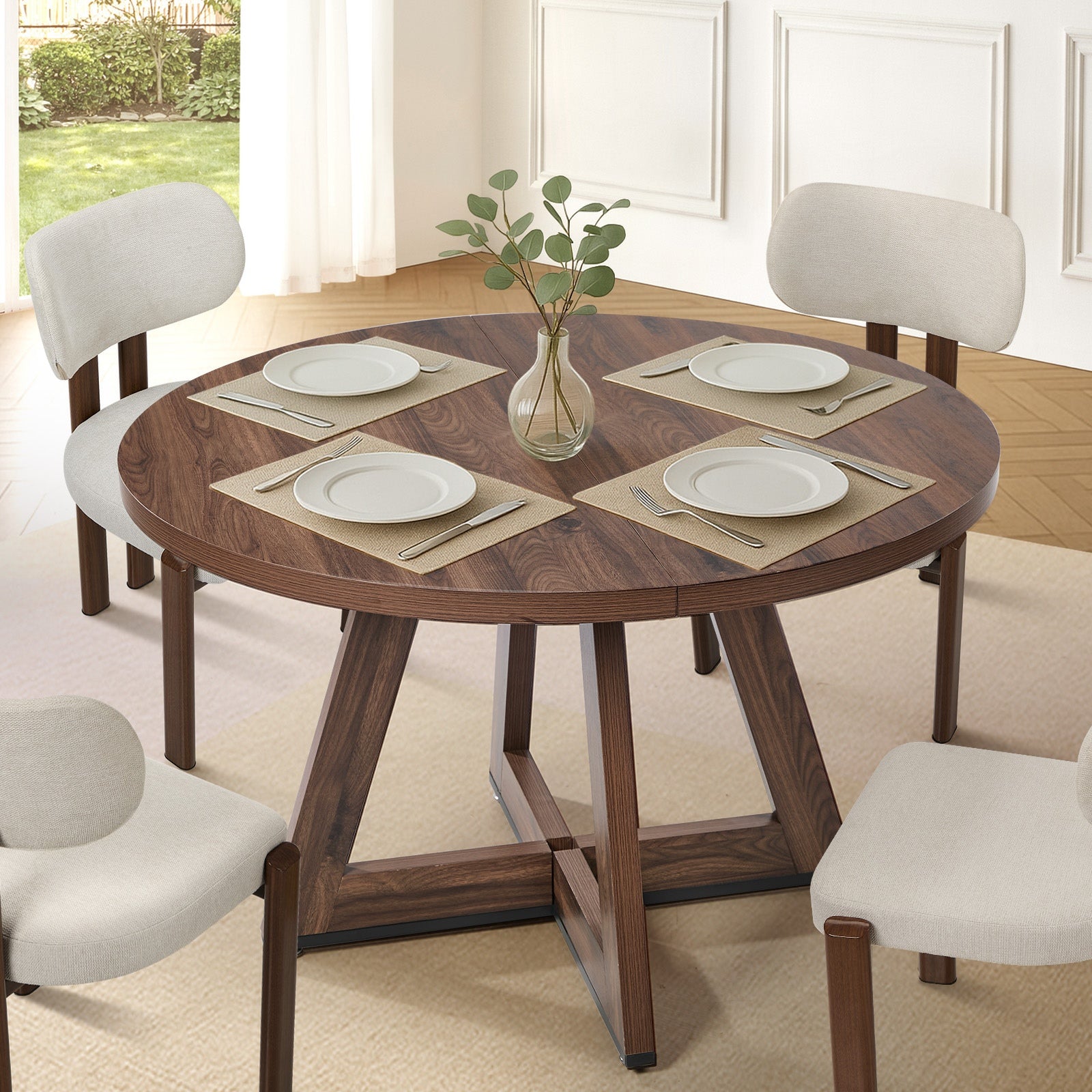 Oikiture 120cm Round Dining Table Wooden Kitchen Furniture Walnut