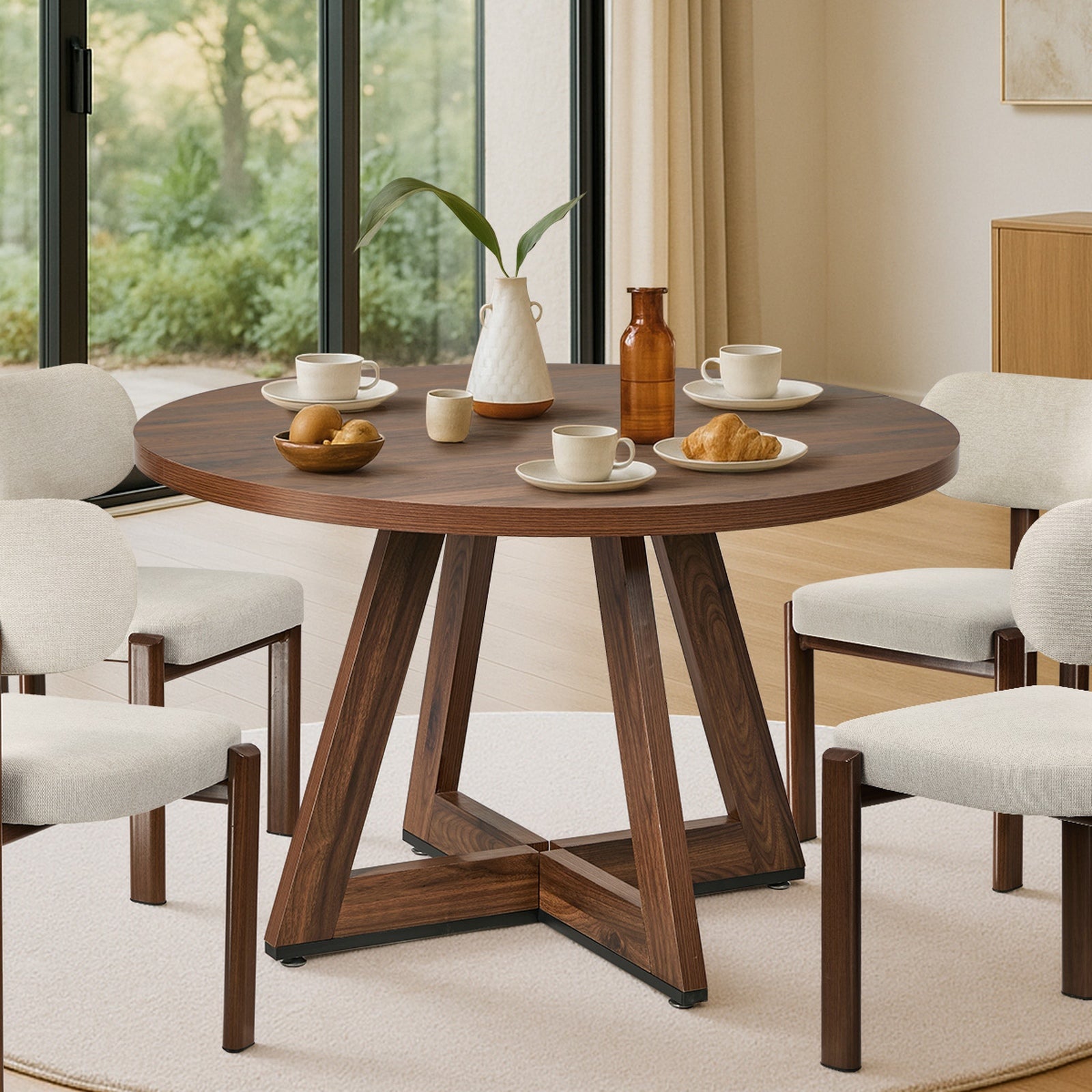 Oikiture 120cm Round Dining Table Wooden Kitchen Furniture Walnut