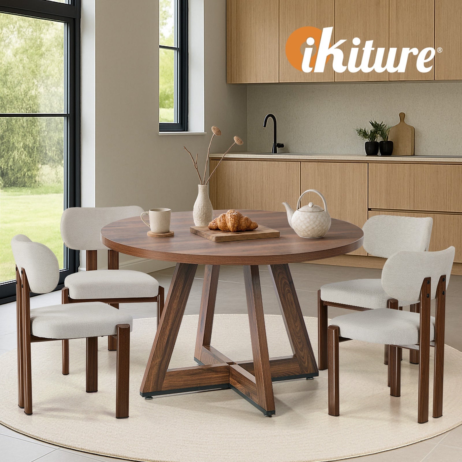 Oikiture 120cm Round Dining Table Wooden Kitchen Furniture Walnut