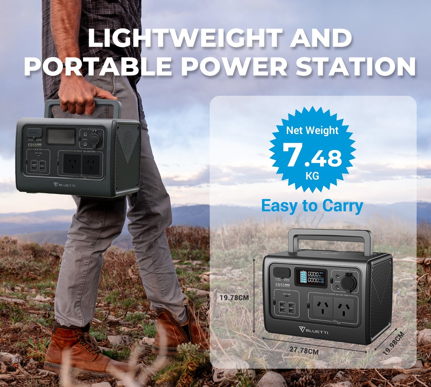 BLUETTI EB55 Portable Power Station | 700W 537Wh Grey - Sunyee