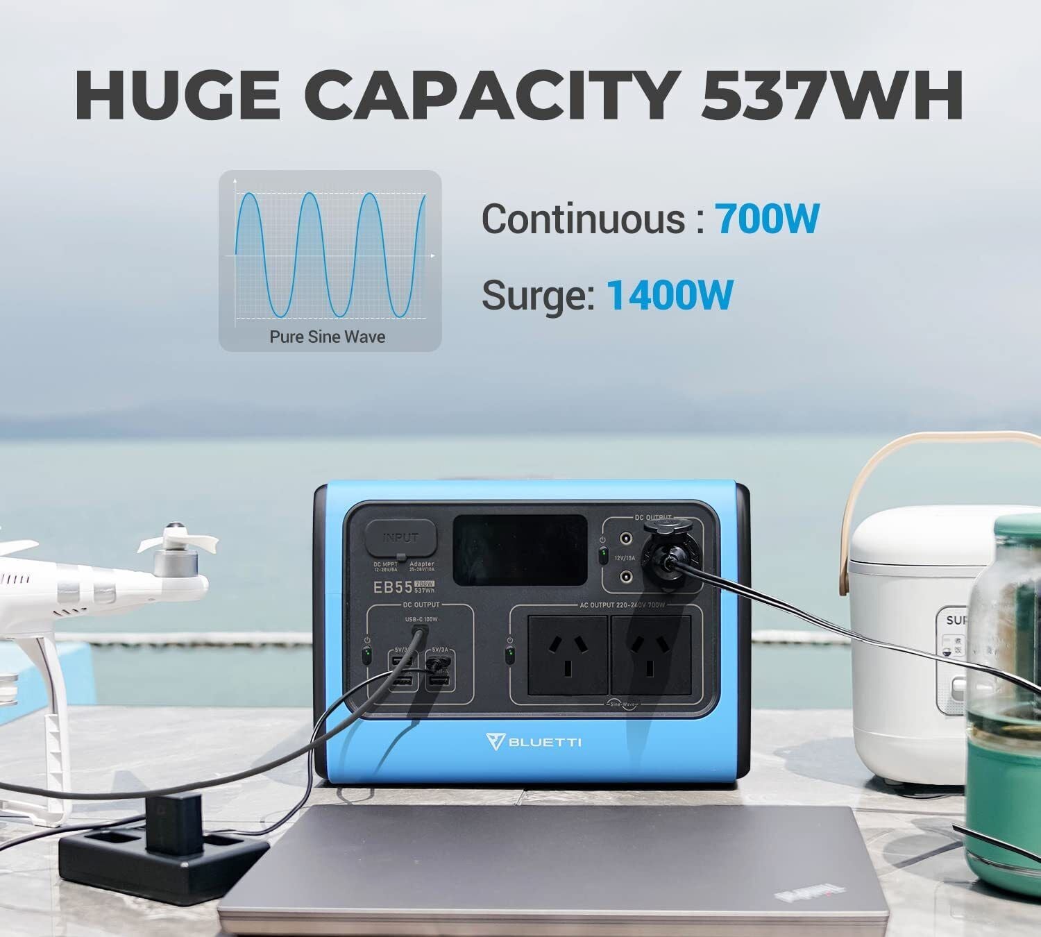 BLUETTI EB55 Portable Power Station | 700W 537Wh Blue - Sunyee