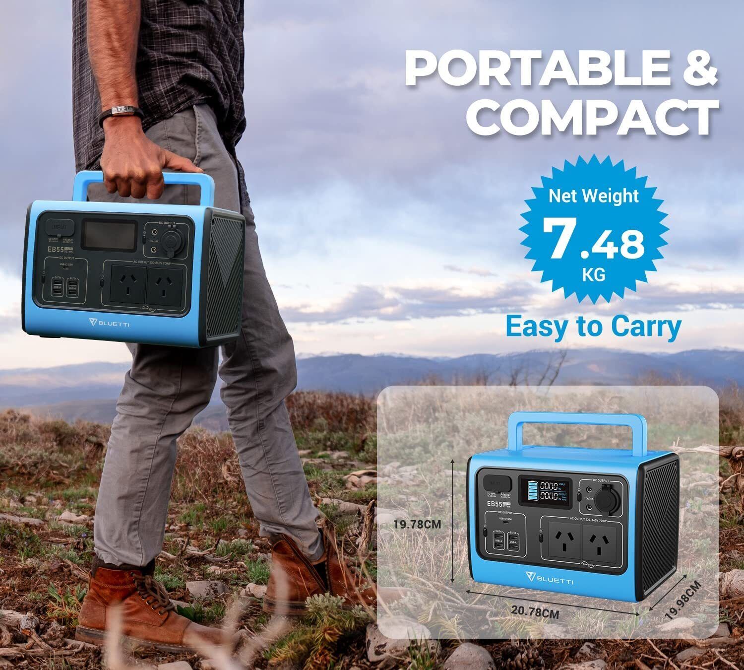 BLUETTI EB55 Portable Power Station | 700W 537Wh Blue - Sunyee
