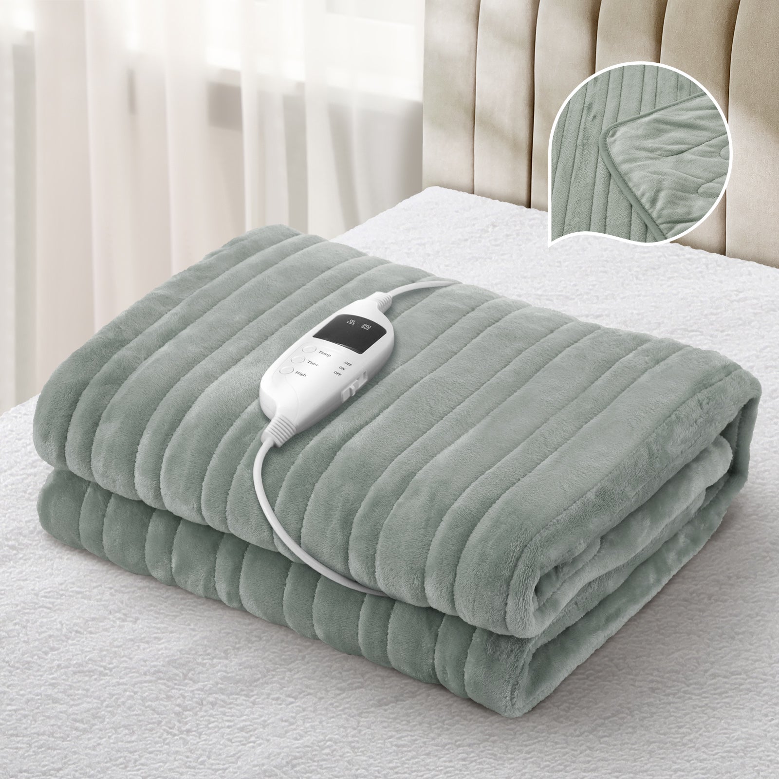 Bedra Electric Heated Blanket Washable Throw Rug Coral Fleece Light Green - Sunyee