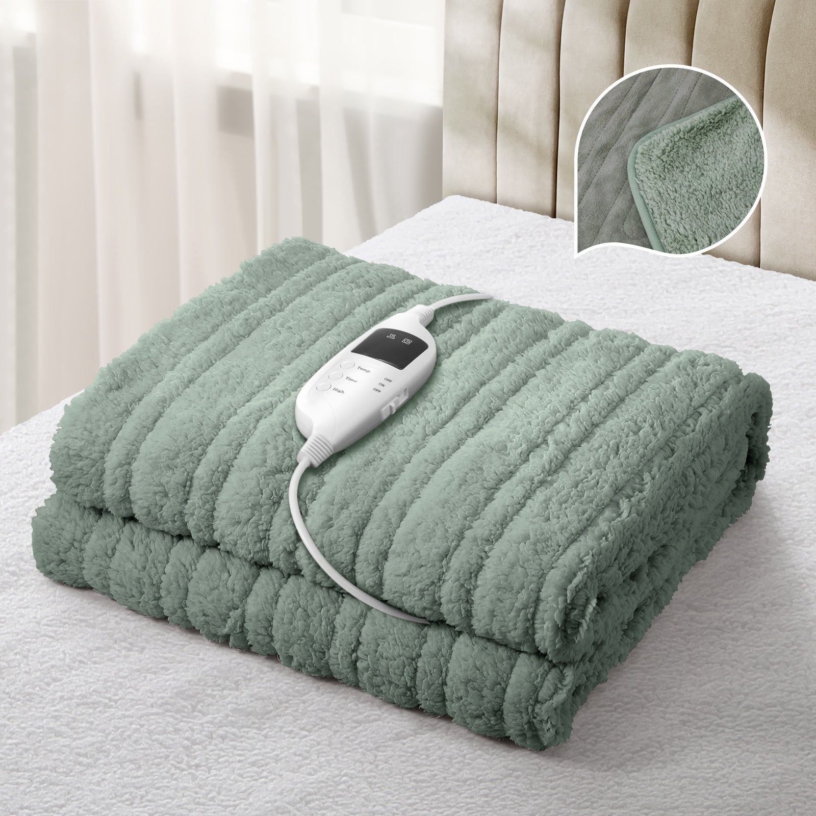 Bedra Electric Heated Blanket Washable Throw Rug Sherpa Coral Fleece Green - Sunyee