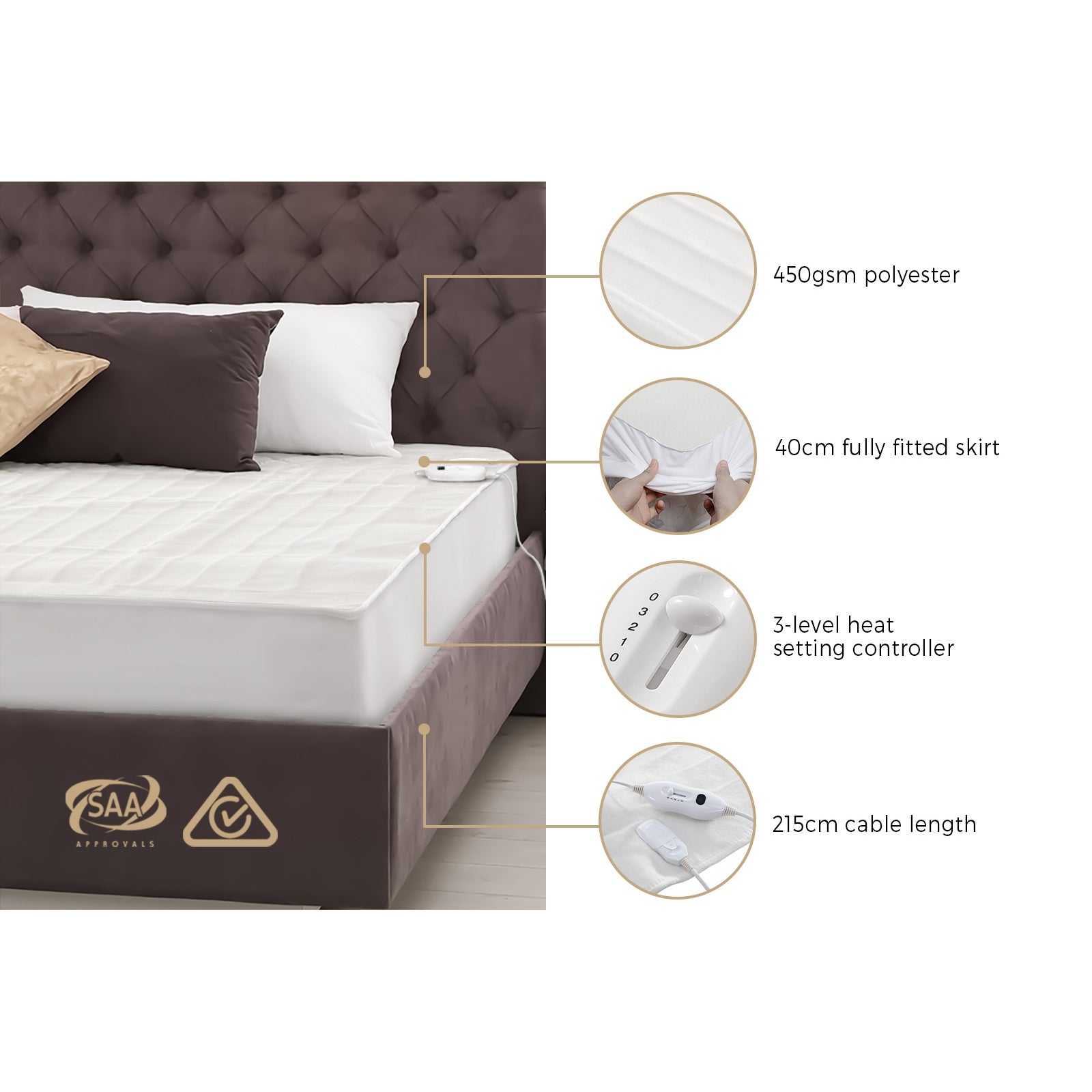 Bedra Electric Blanket Fully Fitted Polyester Heated Underlay King Single - Sunyee