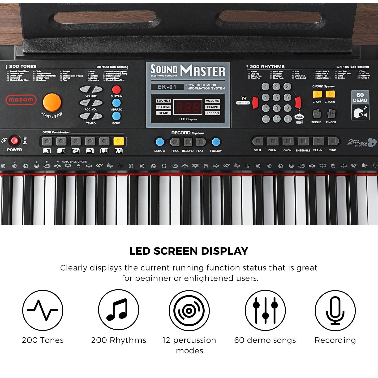 Mazam 61 Keys Electronic Piano Keyboard Electric Keyboards Beginner Kids Gift - Sunyee