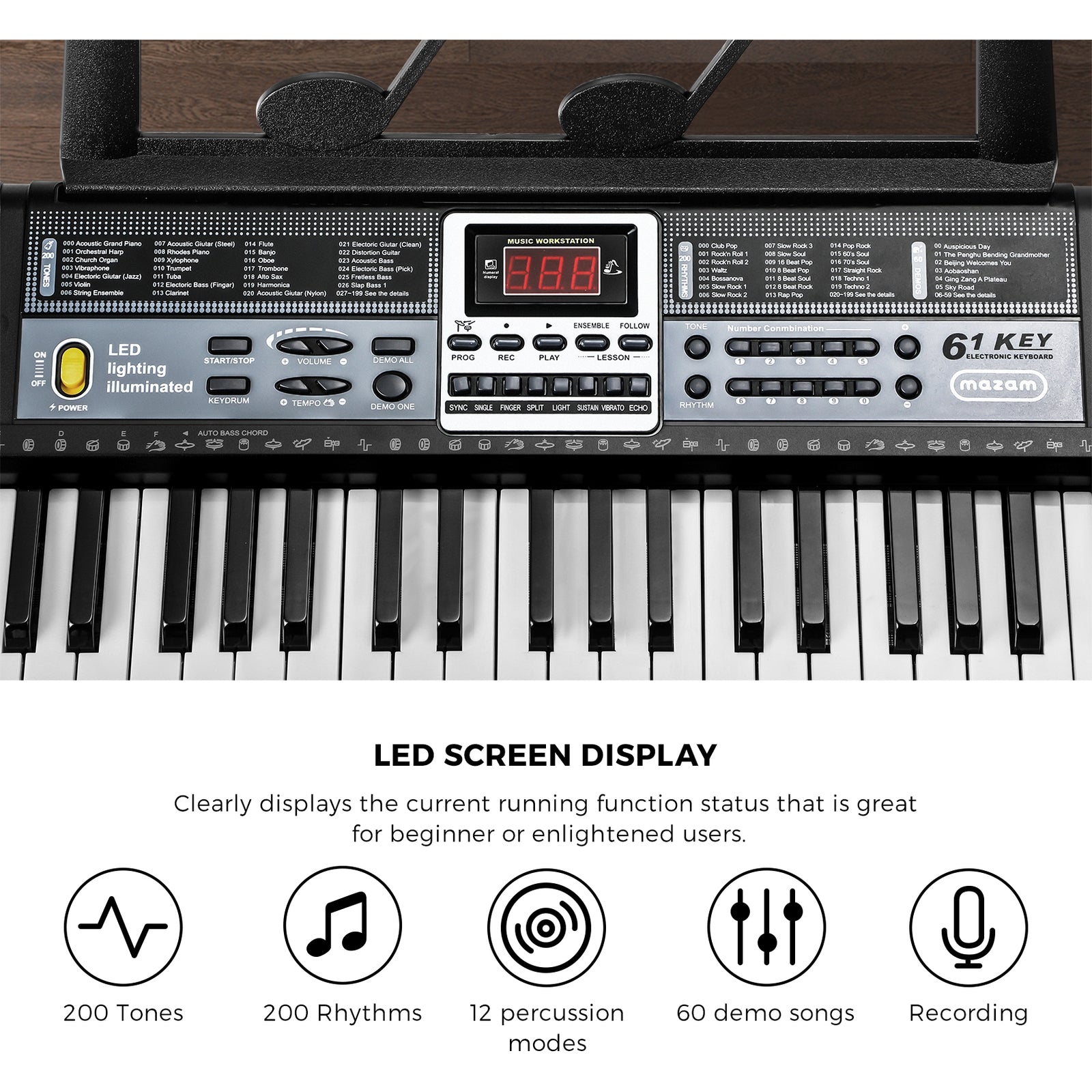 Mazam 61 Keys Electronic Piano Keyboard Lighted Electric Keyboards Holder Stand - Sunyee