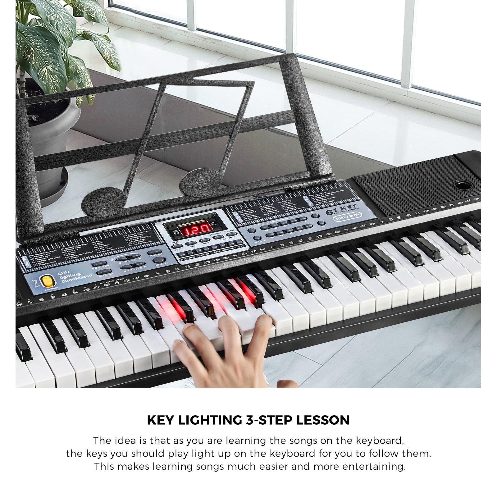 Mazam 61 Keys Electronic Piano Keyboard Lighted Electric Keyboards Holder Stand - Sunyee