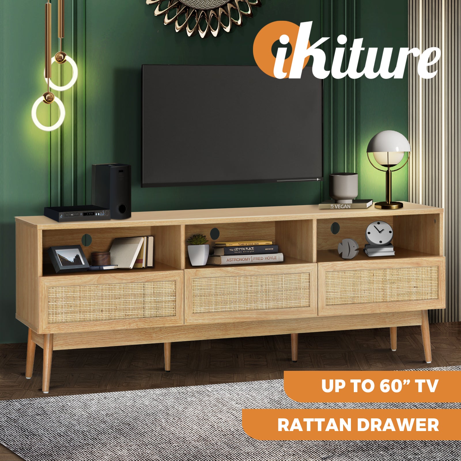Oikiture TV Cabinet Entertainment Unit Stand Storage Rattan Door Drawers Wooden - Sunyee
