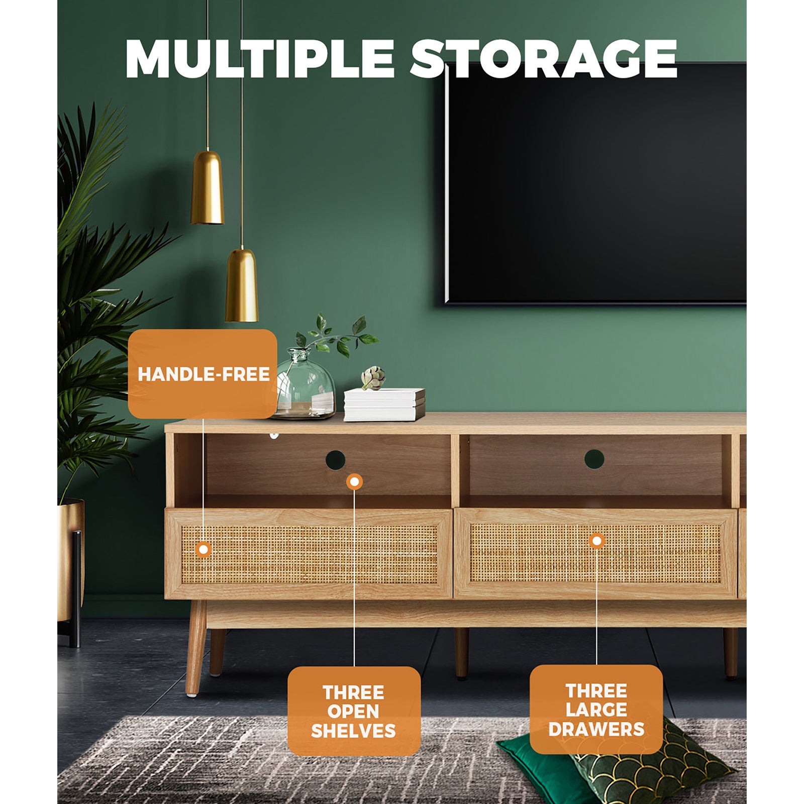 Oikiture TV Cabinet Entertainment Unit Stand Storage Rattan Door Drawers Wooden - Sunyee