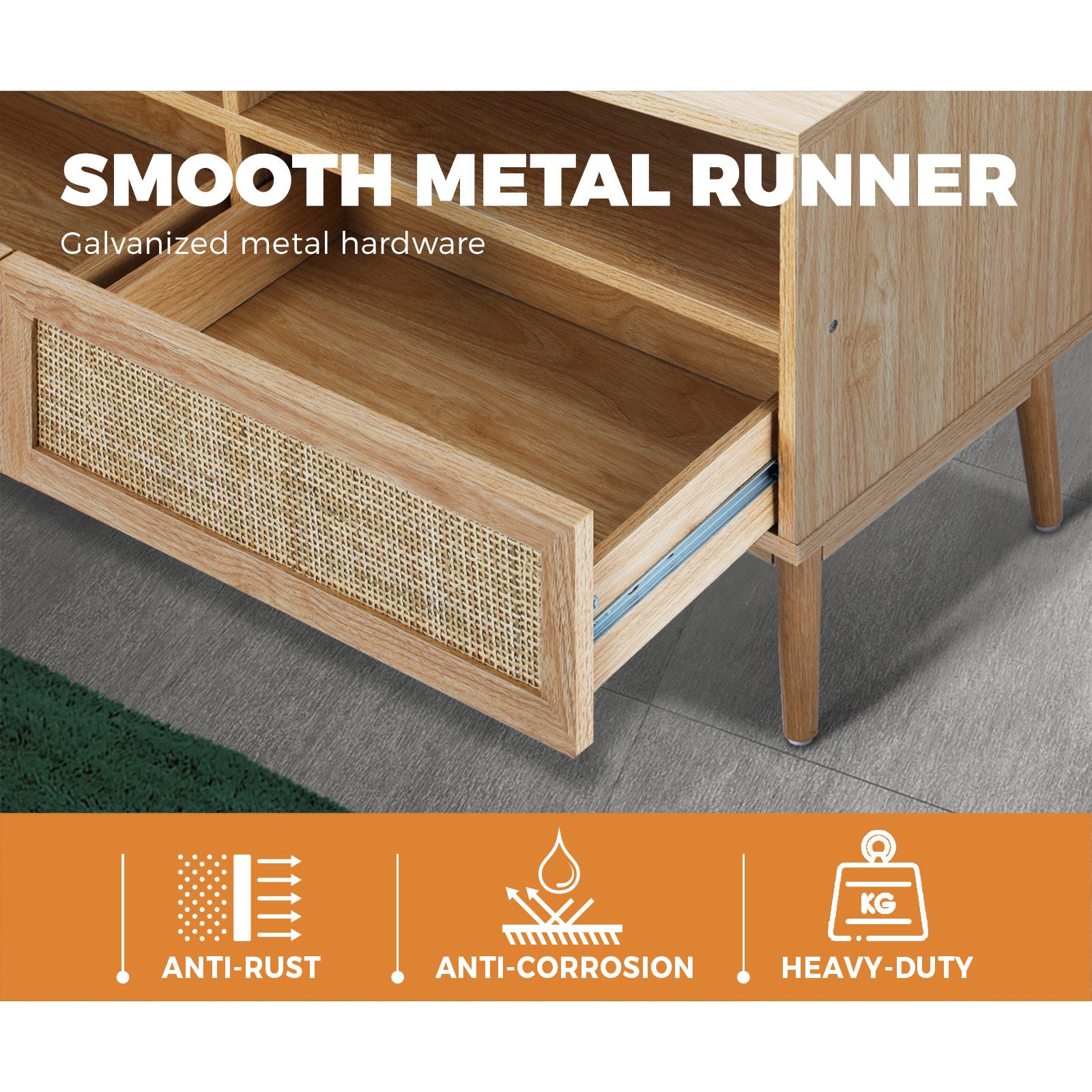 Oikiture TV Cabinet Entertainment Unit Stand Storage Rattan Door Drawers Wooden - Sunyee