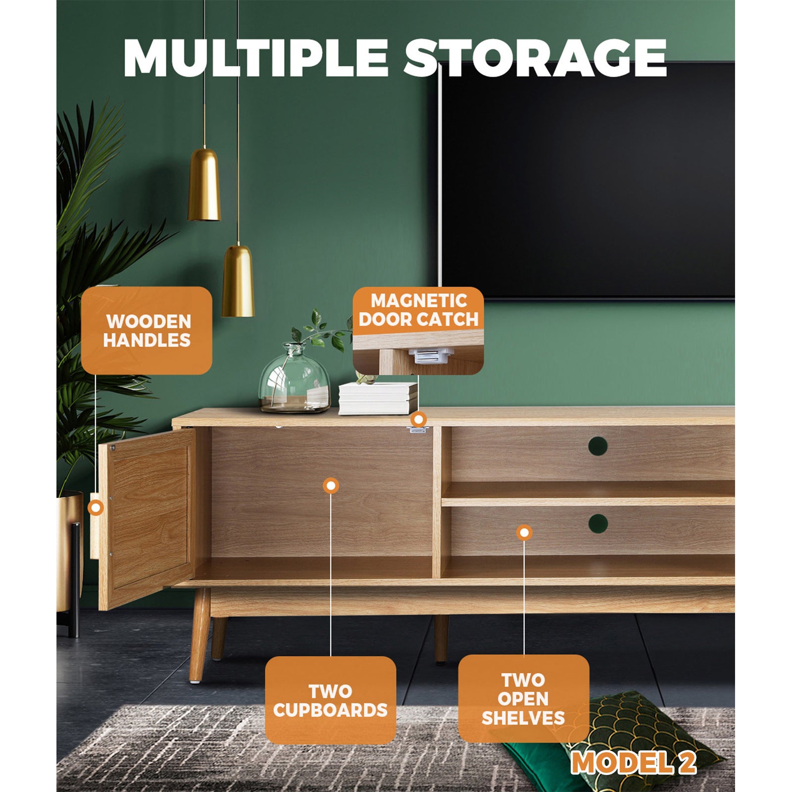 Oikiture TV Cabinet Entertainment Unit Stand Storage Rattan Door Shelves Rack - Sunyee