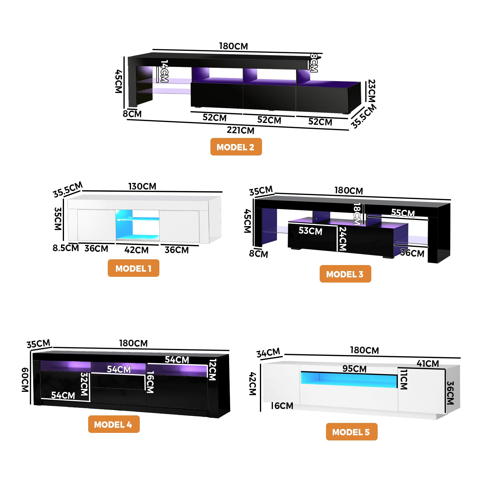 Oikiture TV Cabinet Entertainment Unit Stand LED RGB Gloss Storage Furniture - Sunyee