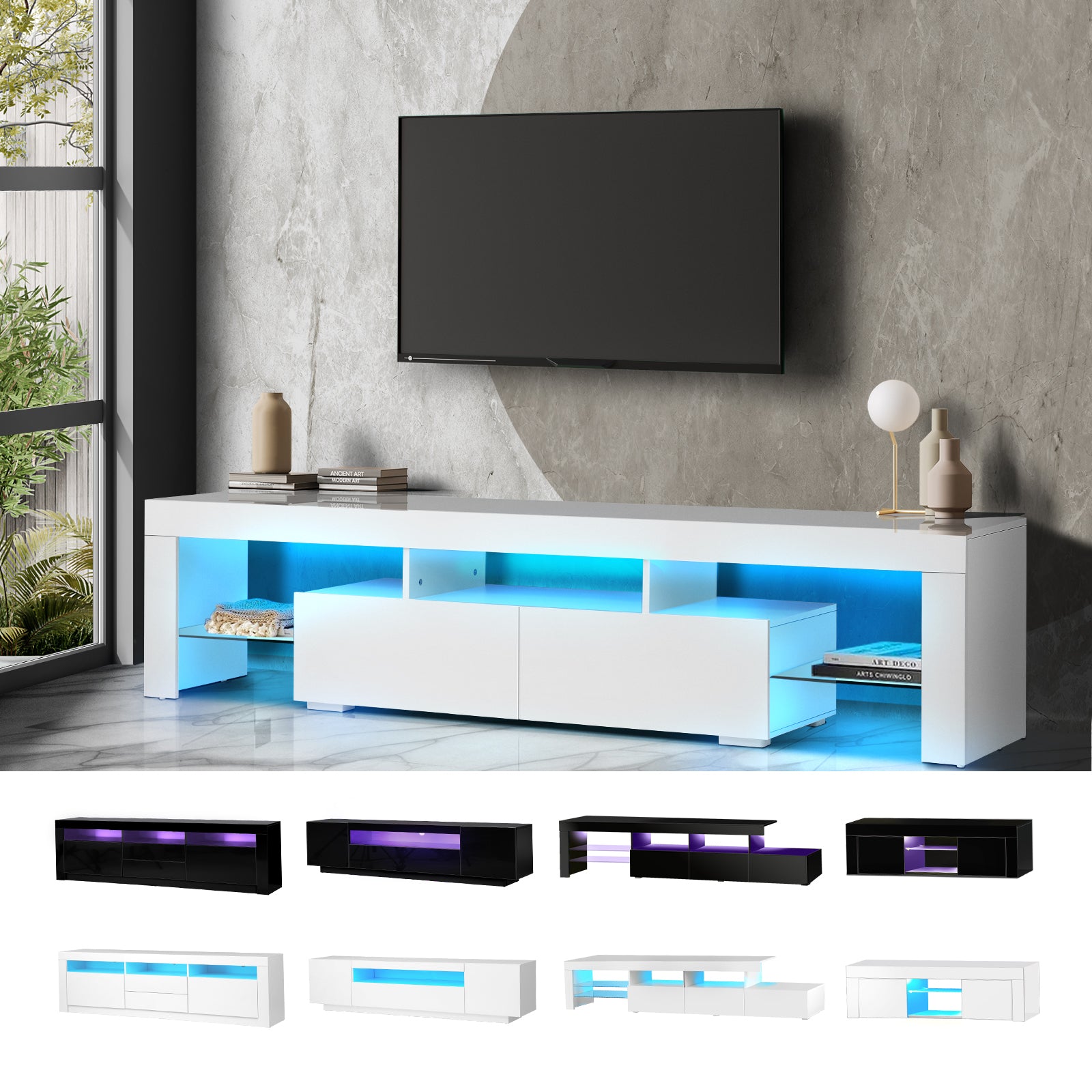 Oikiture TV Cabinet Entertainment Unit Stand LED RGB Gloss Storage Furniture - Sunyee