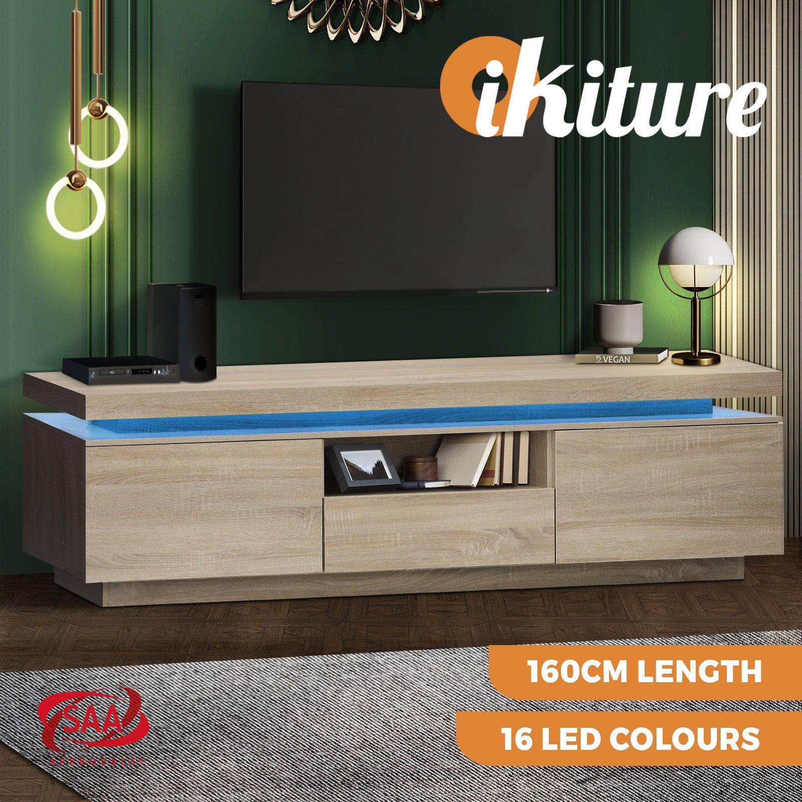 Oikiture TV Cabinet Entertainment Unit Stand RGB LED Storage Drawer Furniture - Sunyee