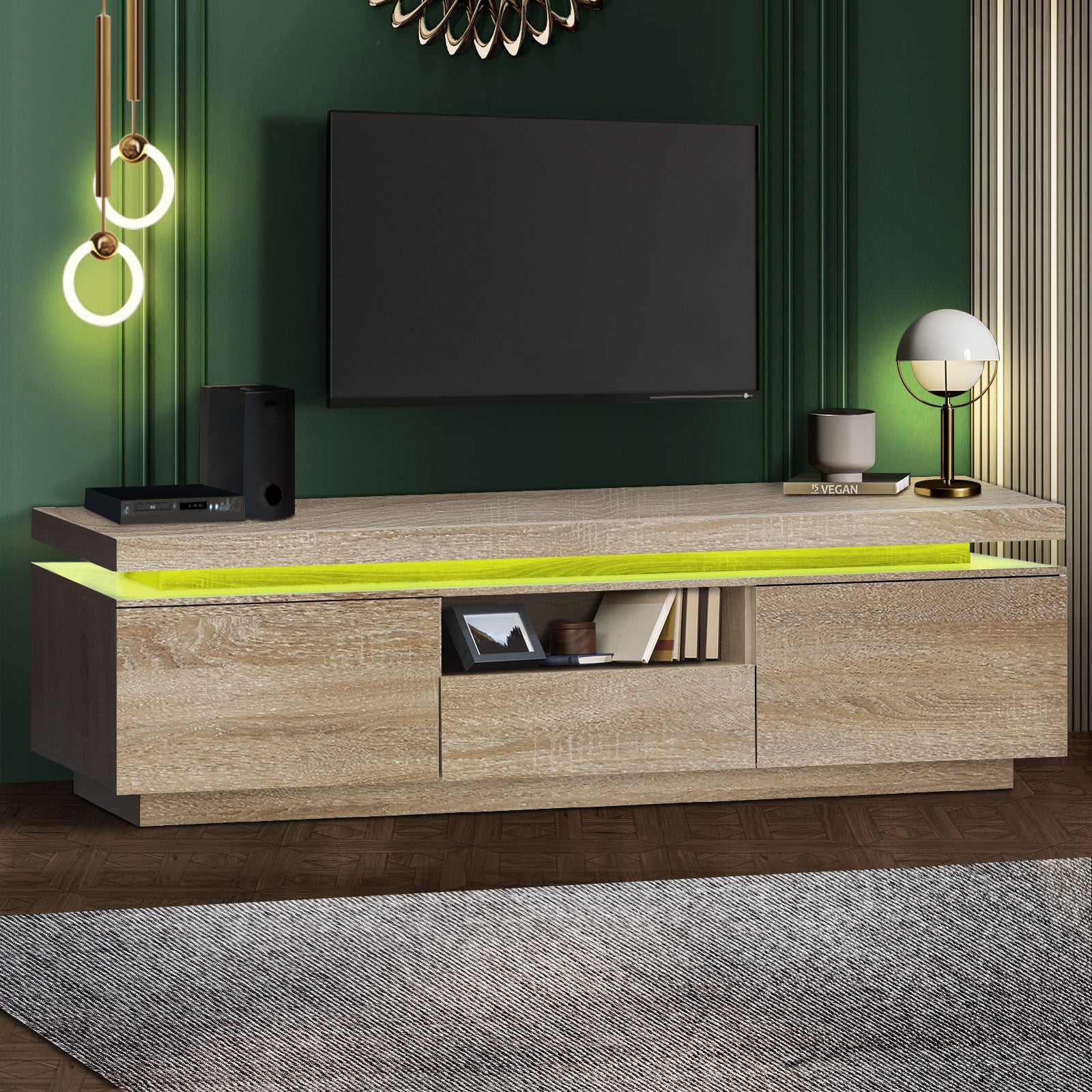 Oikiture TV Cabinet Entertainment Unit Stand RGB LED Furniture Wooden Shelf - Sunyee