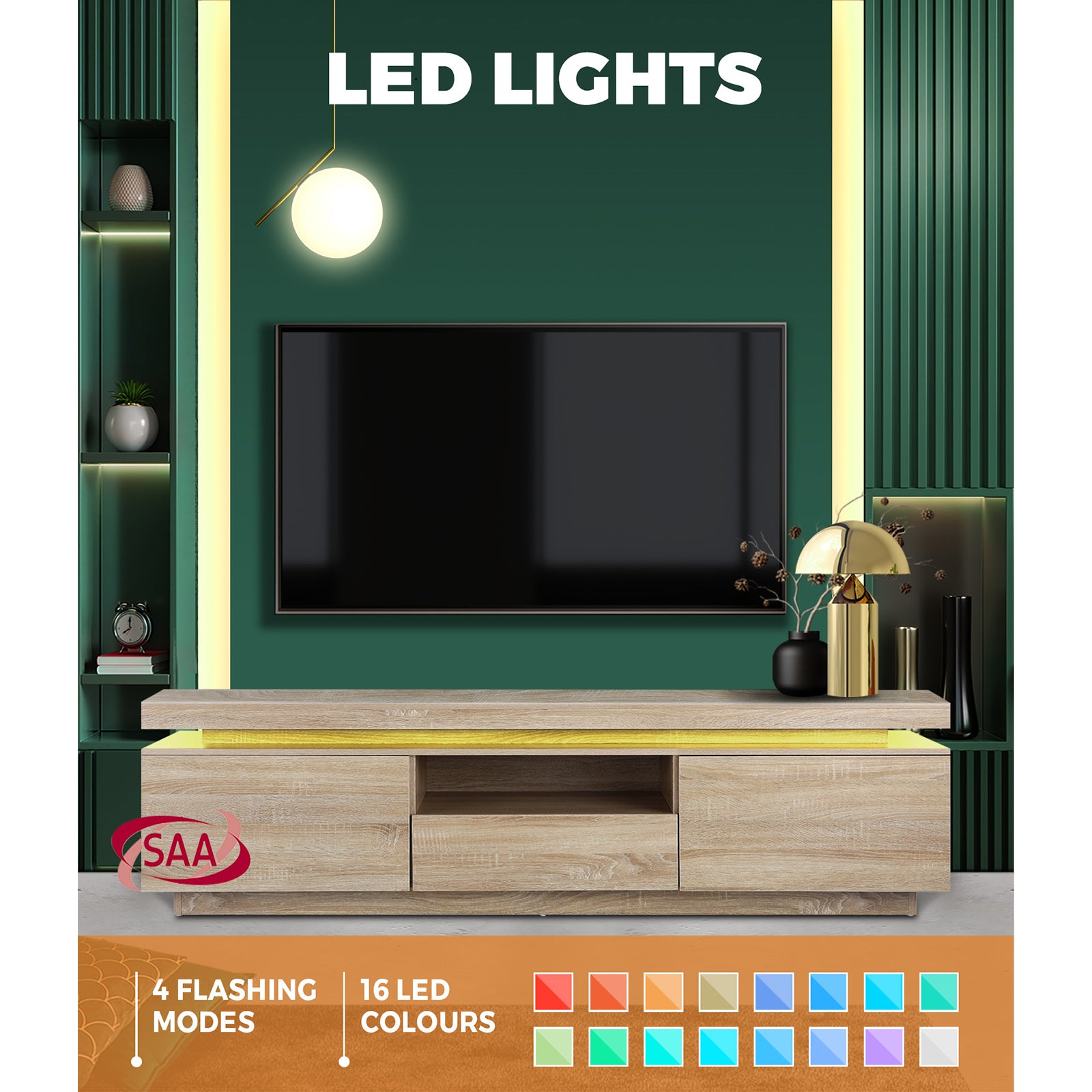 Oikiture TV Cabinet Entertainment Unit Stand RGB LED Furniture Wooden Shelf - Sunyee