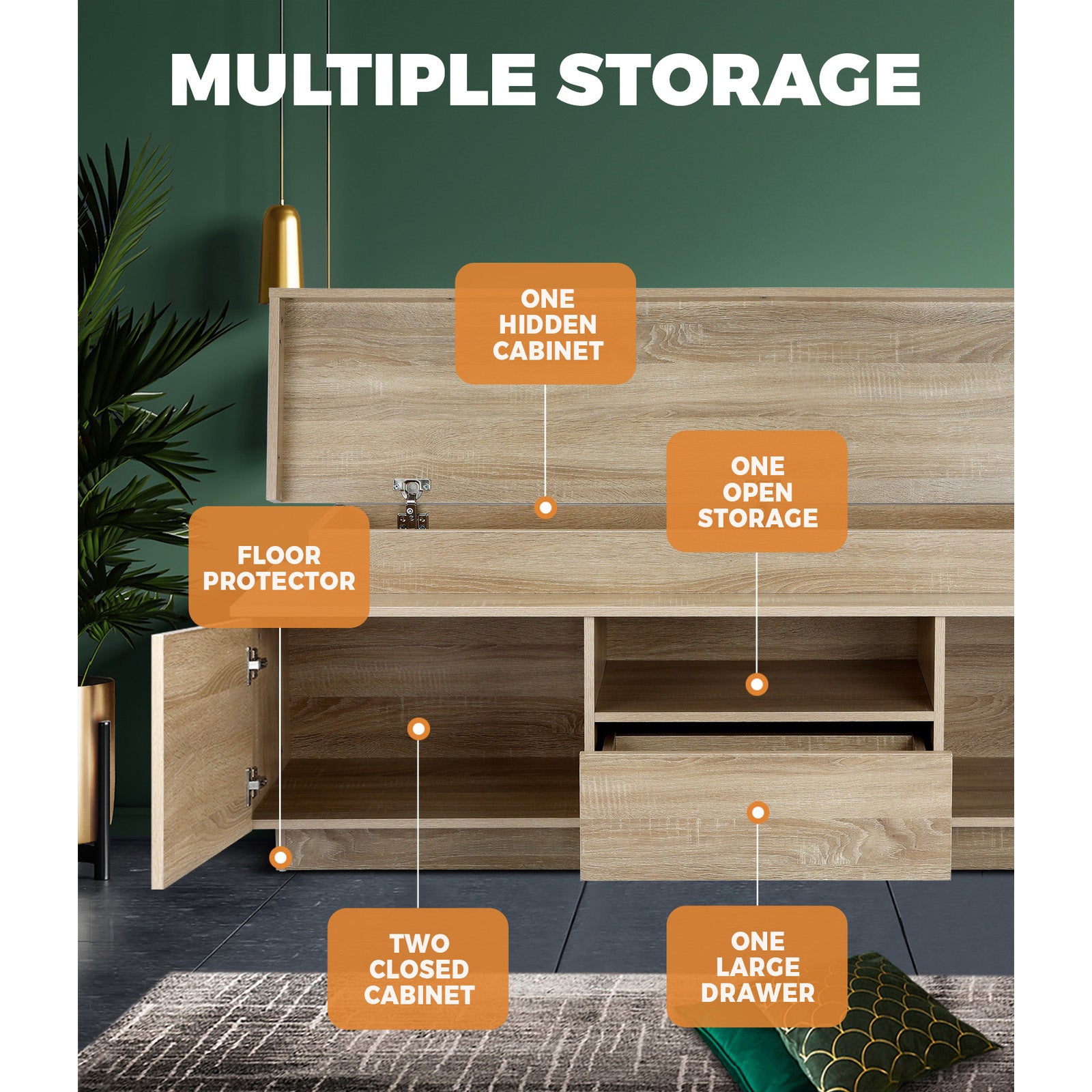 Oikiture TV Cabinet Entertainment Unit Stand RGB LED Furniture Wooden Shelf - Sunyee