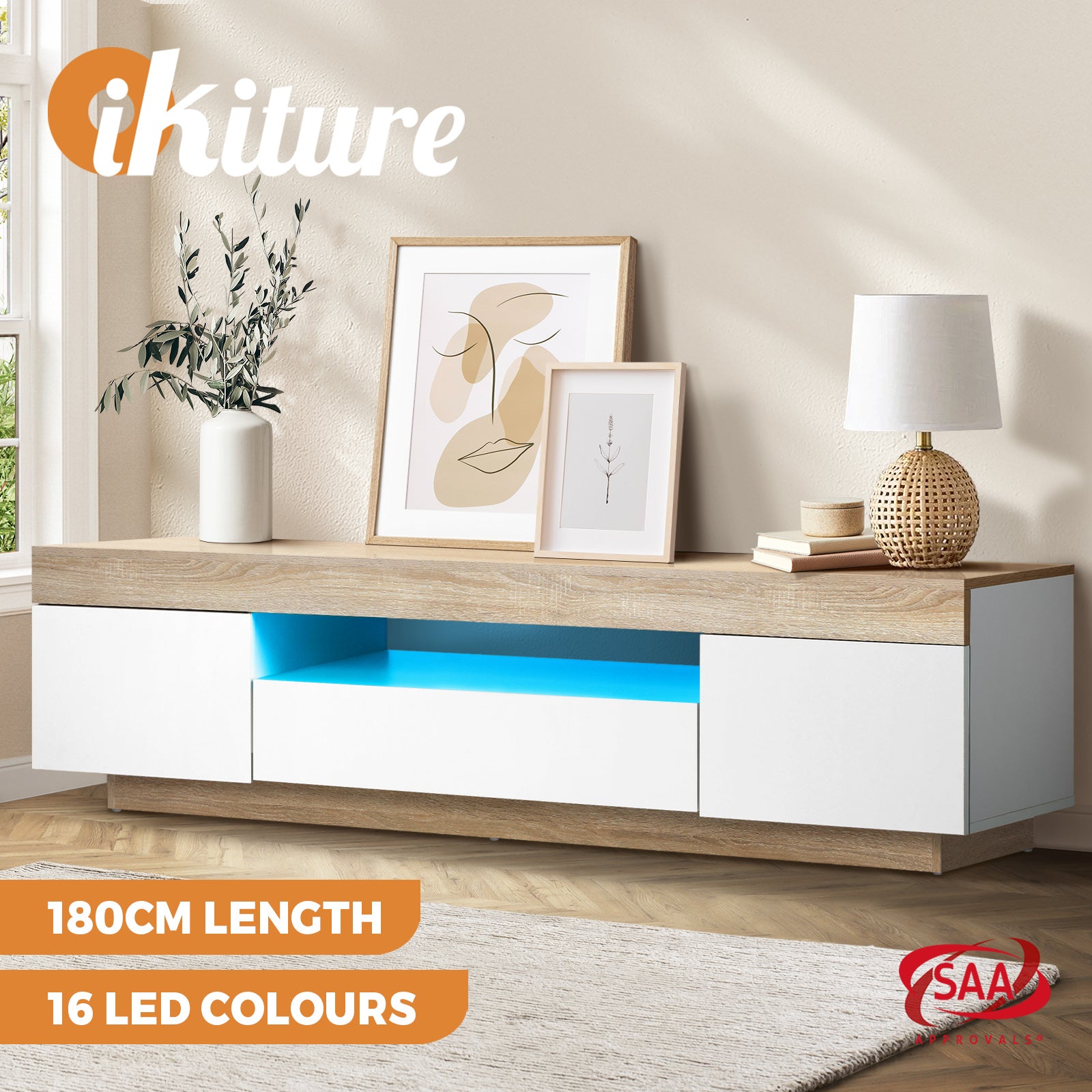 Oikiture TV Cabinet Entertainment Unit Stand RGB LED Storage Drawer Furniture - Sunyee