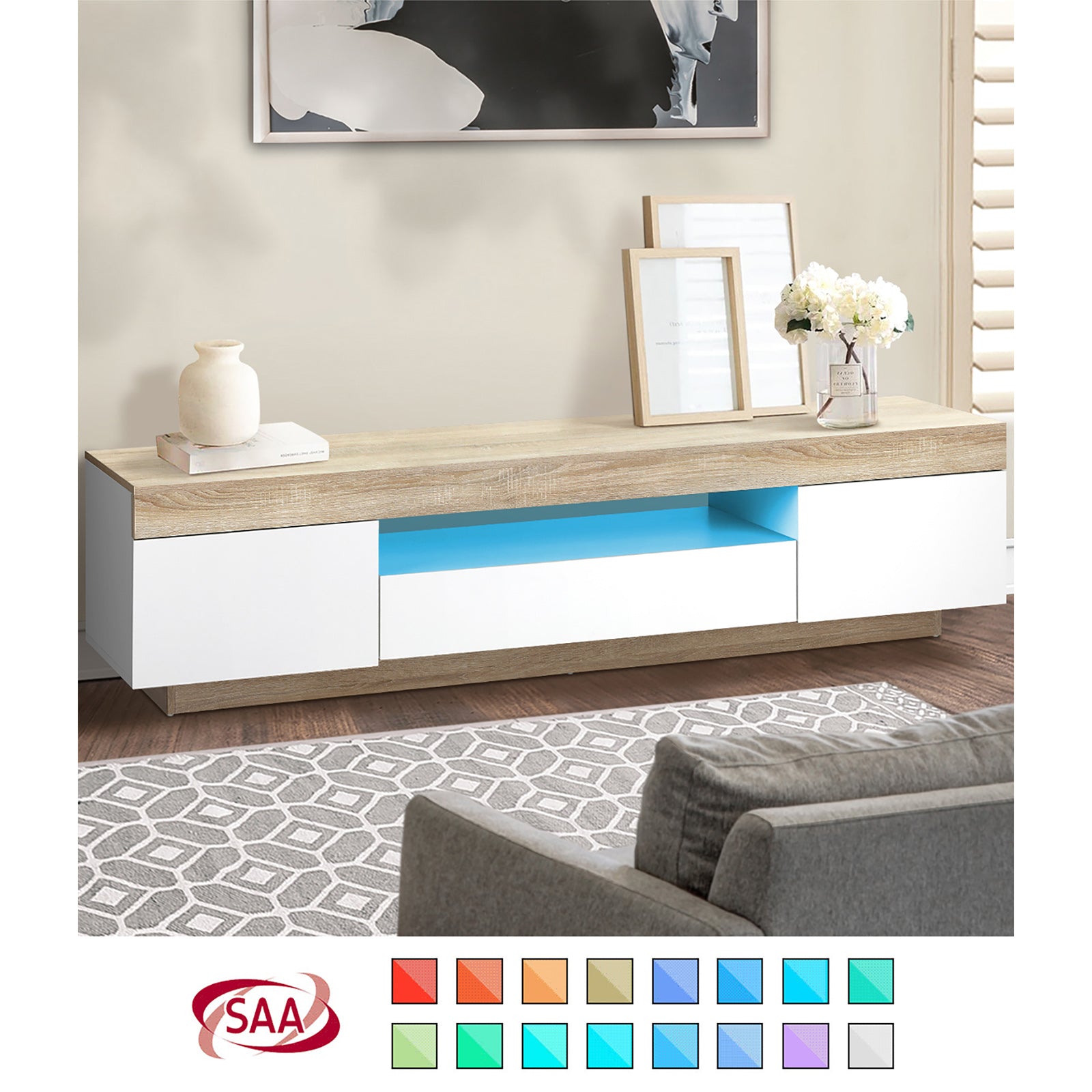 Oikiture TV Cabinet Entertainment Unit Stand RGB LED Storage Drawer Furniture - Sunyee